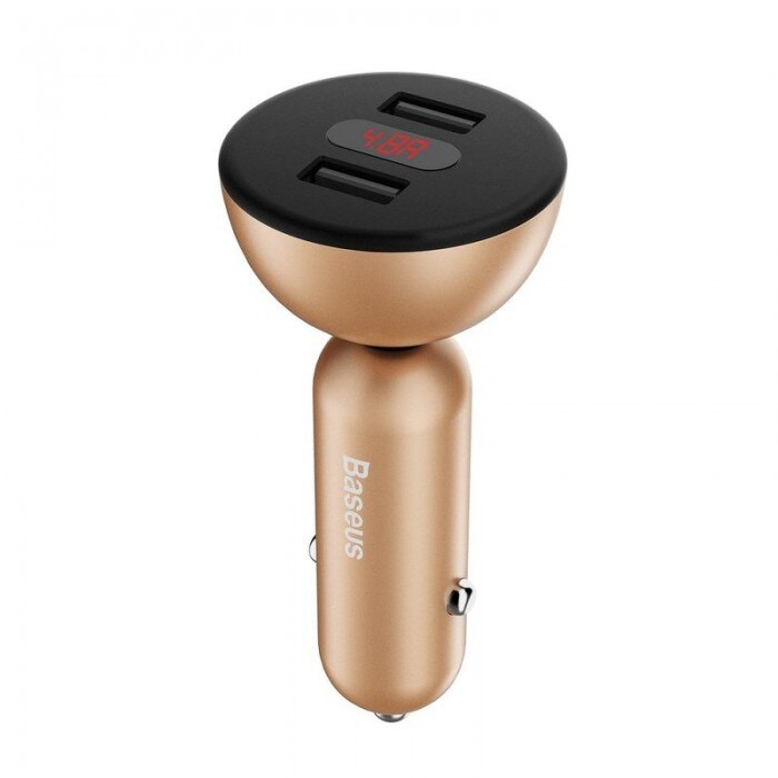 Incarcator Auto Baseus, Shake-head Power Display, 4.8 A 2 x USB, Auriu