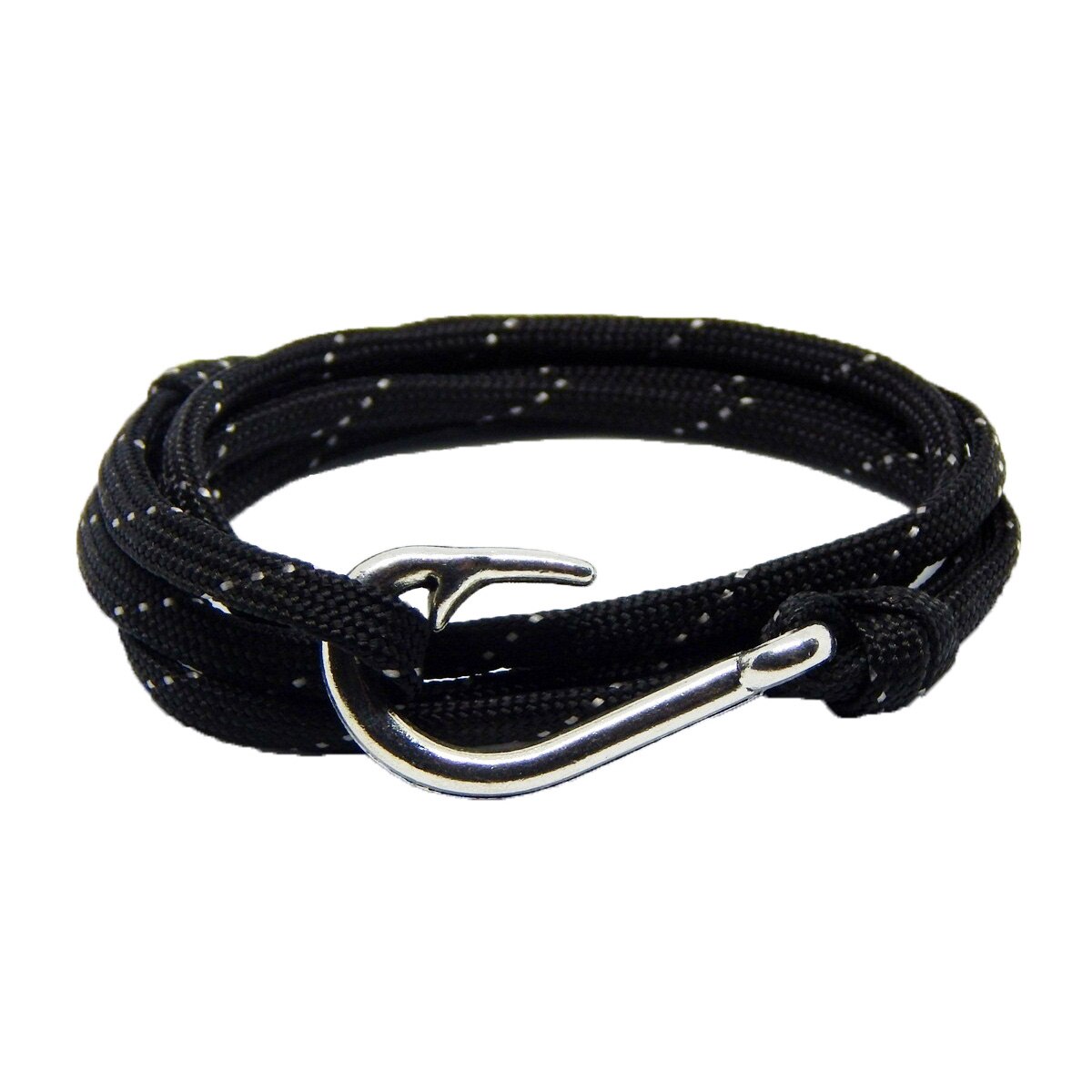 Bratara reglabila din snur paracord negru cu insertii albe si inchizatoare Fish Hook