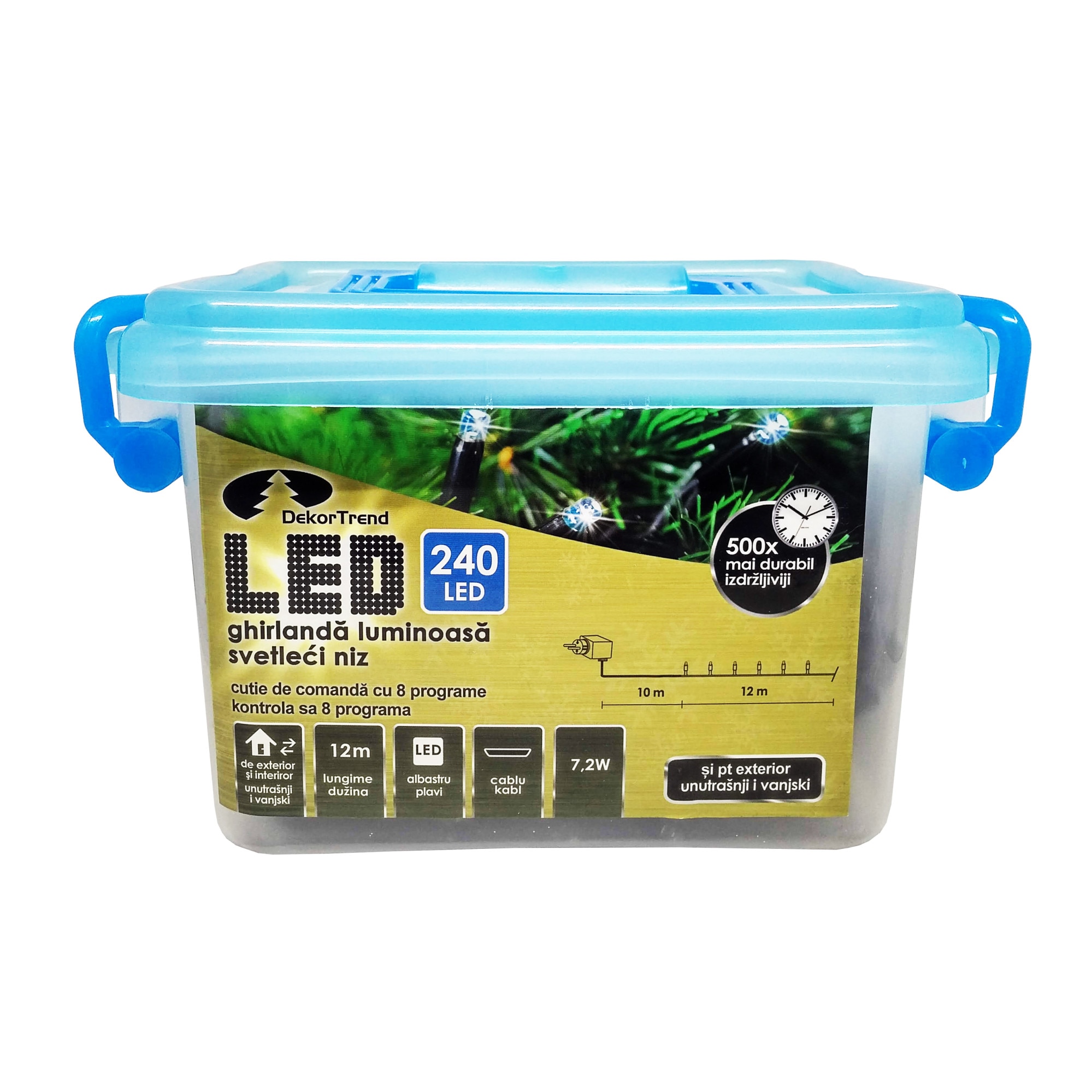 Ghirlanda luminoasa Dekortrend, KDVF 243, 240 LEDuri, lungime 9m, albastru, cablu alb, cu cablu alimentare 10m, interior-exterior