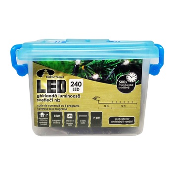 Ghirlanda luminoasa Dekortrend, KDV 242, 240 LEDuri, lungime 12m, alb rece, cablu negru, cu cablu alimentare 10m, interior-exterior Ghirlanda luminoasa Dekortrend, KDV 242, 240 LEDuri, lungime 12m, alb rece, cablu negru, cu cablu alimentare 10m, interior-exterior