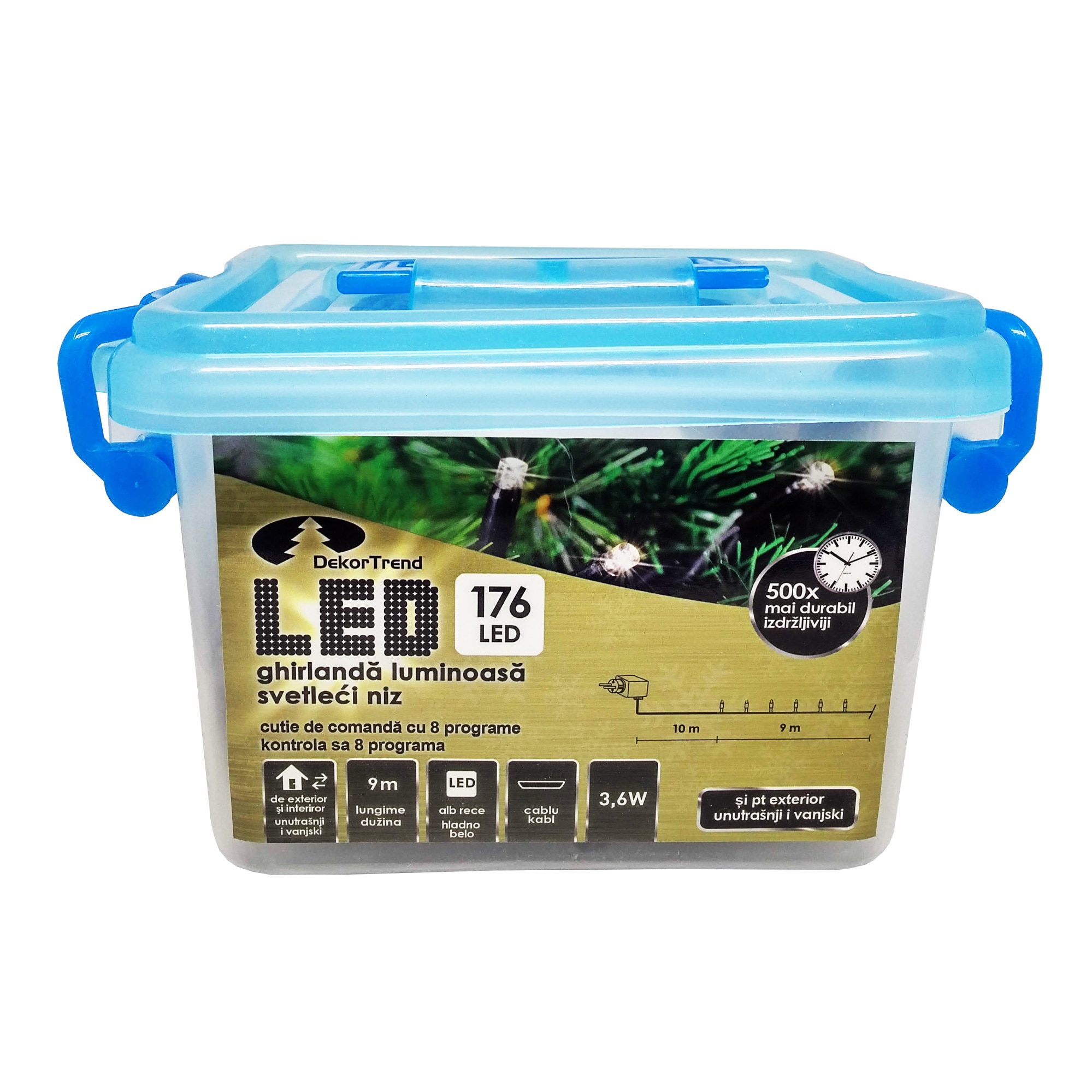 Ghirlanda luminoasa Dekortrend, KDV 172, 170 LEDuri, lungime 9m, alb rece, cablu negru, cu cablu alimentare 10m, interior-exterior