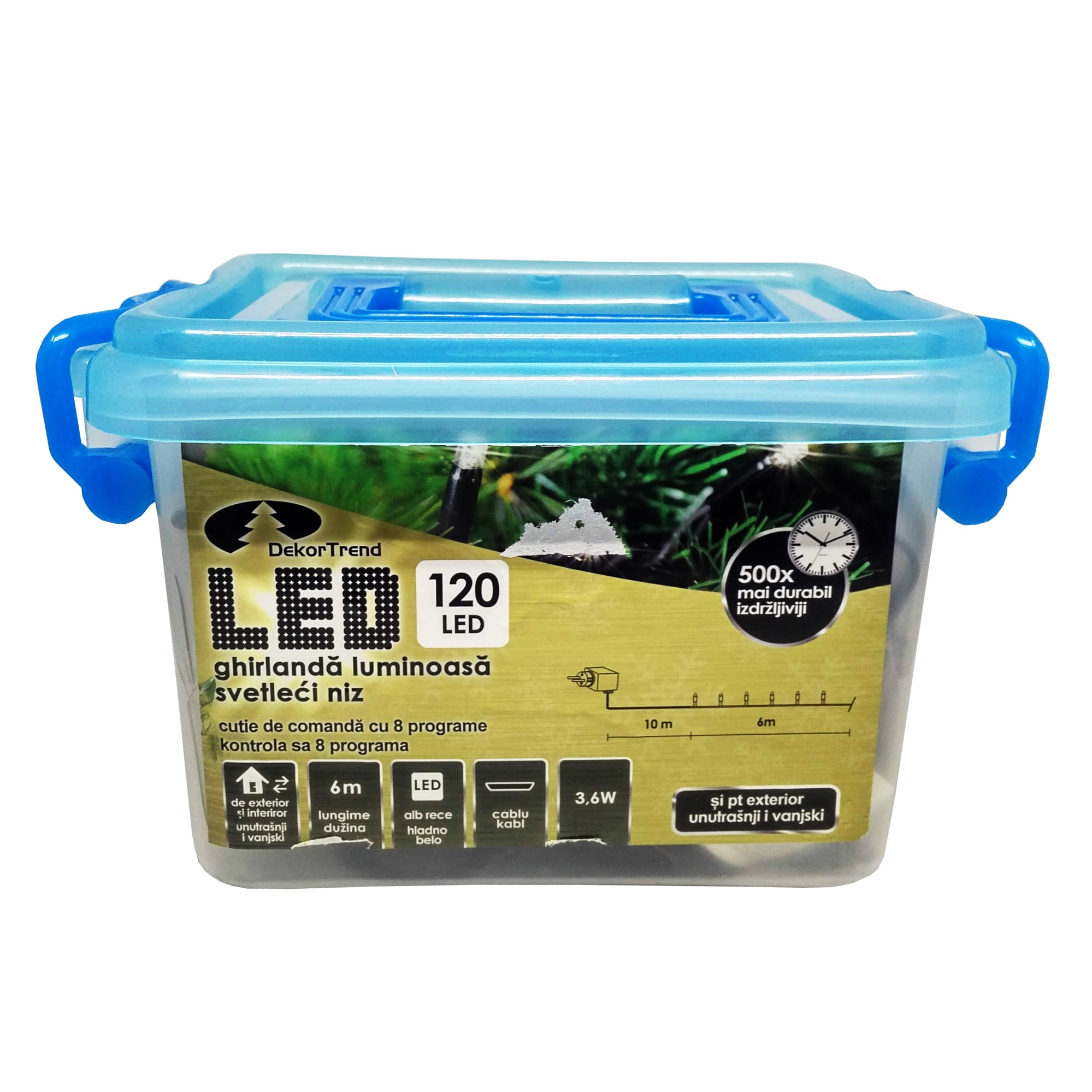 Ghirlanda luminoasa Dekortrend, KDVF 122, 120 LEDuri, lungime 6m, alb rece, cablu alb, cu cablu alimentare 10m, interior-exterior