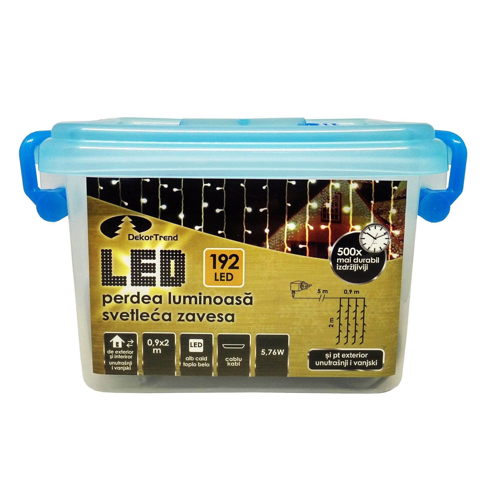 Perdea luminoasa DekorTrend, KDL 132, 192 LEDuri, lungime 0,9 x 2m, alb cald, cablu negru, cu cablu de alimentare 5m, interior-exterior
