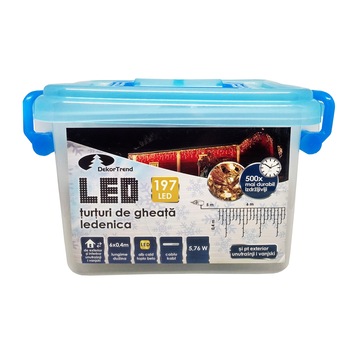 Turturi luminosi DekorTrend, KDL 140, 197 LEDuri, lungime 6 x 0,4m, alb cald, cablu transparent, cu cablu de alimentare 5m, interior-exterior Turturi luminosi DekorTrend, KDL 140, 197 LEDuri, lungime 6 x 0,4m, alb cald, cablu transparent, cu cablu de alimentare 5m, interior-exterior