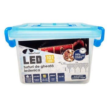 Turturi luminosi DekorTrend, KDL 138, 101 LEDuri, lungime 3 x 0,4m, alb cald, cablu transparent, cu cablu de alimentare 5m, interior-exterior Turturi luminosi DekorTrend, KDL 138, 101 LEDuri, lungime 3 x 0,4m, alb cald, cablu transparent, cu cablu de alimentare 5m, interior-exterior