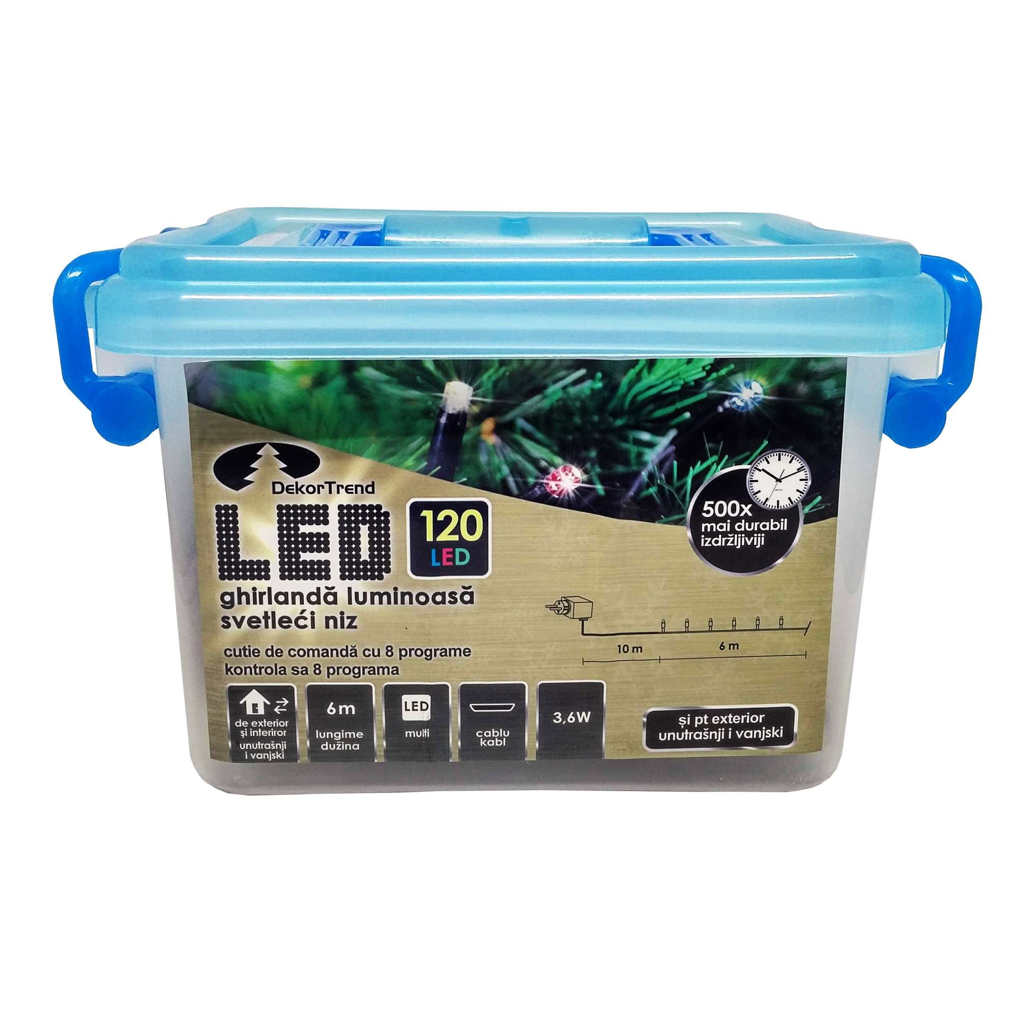 Ghirlanda luminoasa Dekortrend, KDV 125,120 LEDuri, lungime 6m, multicolor, cablu negru, cu cablu alimentare 10m, interior-exterior