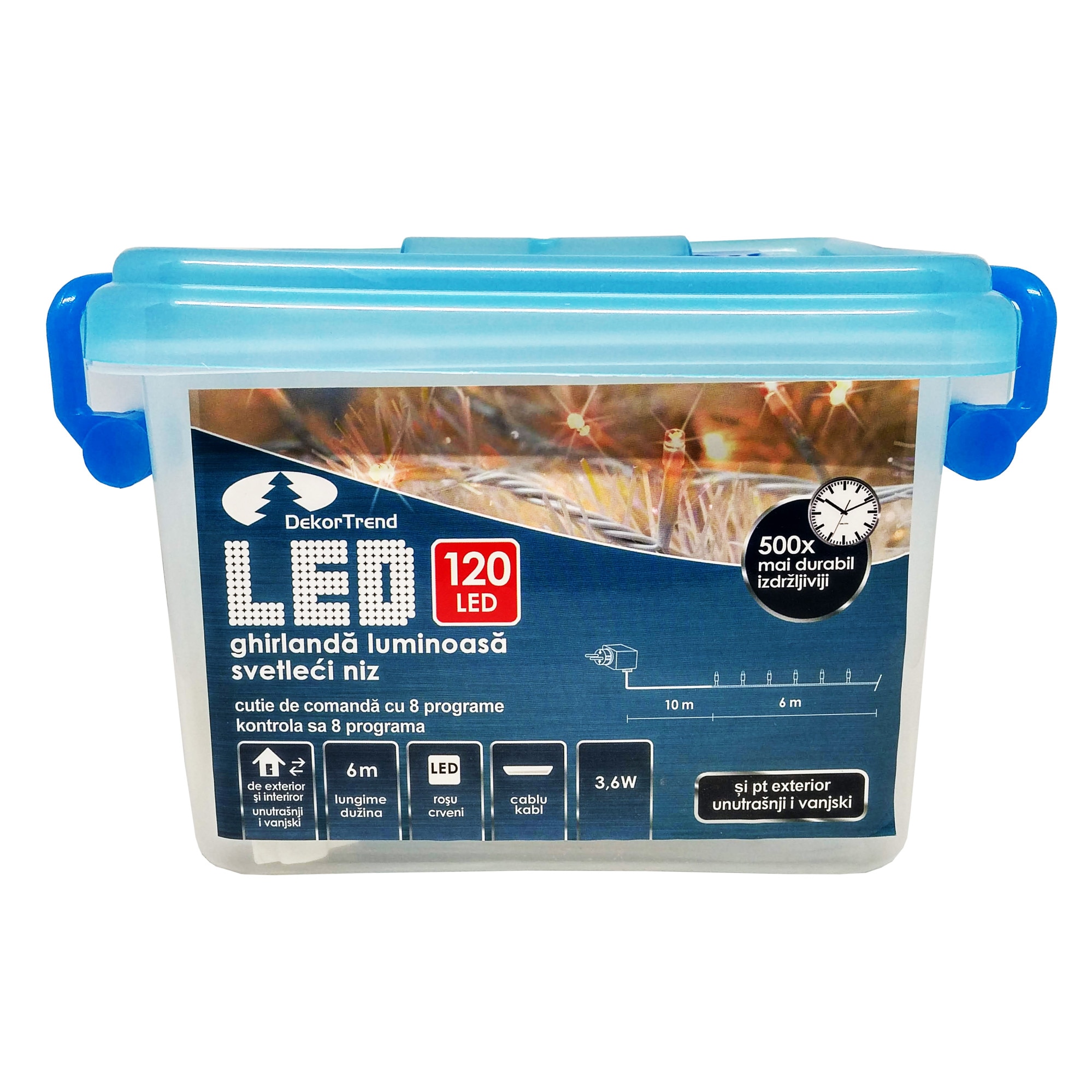 Ghirlanda luminoasa Dekortrend, KDVF 124, 120 LEDuri, lungime 6m, rosu, cablu alb, cu cablu alimentare 10m, interior-exterior