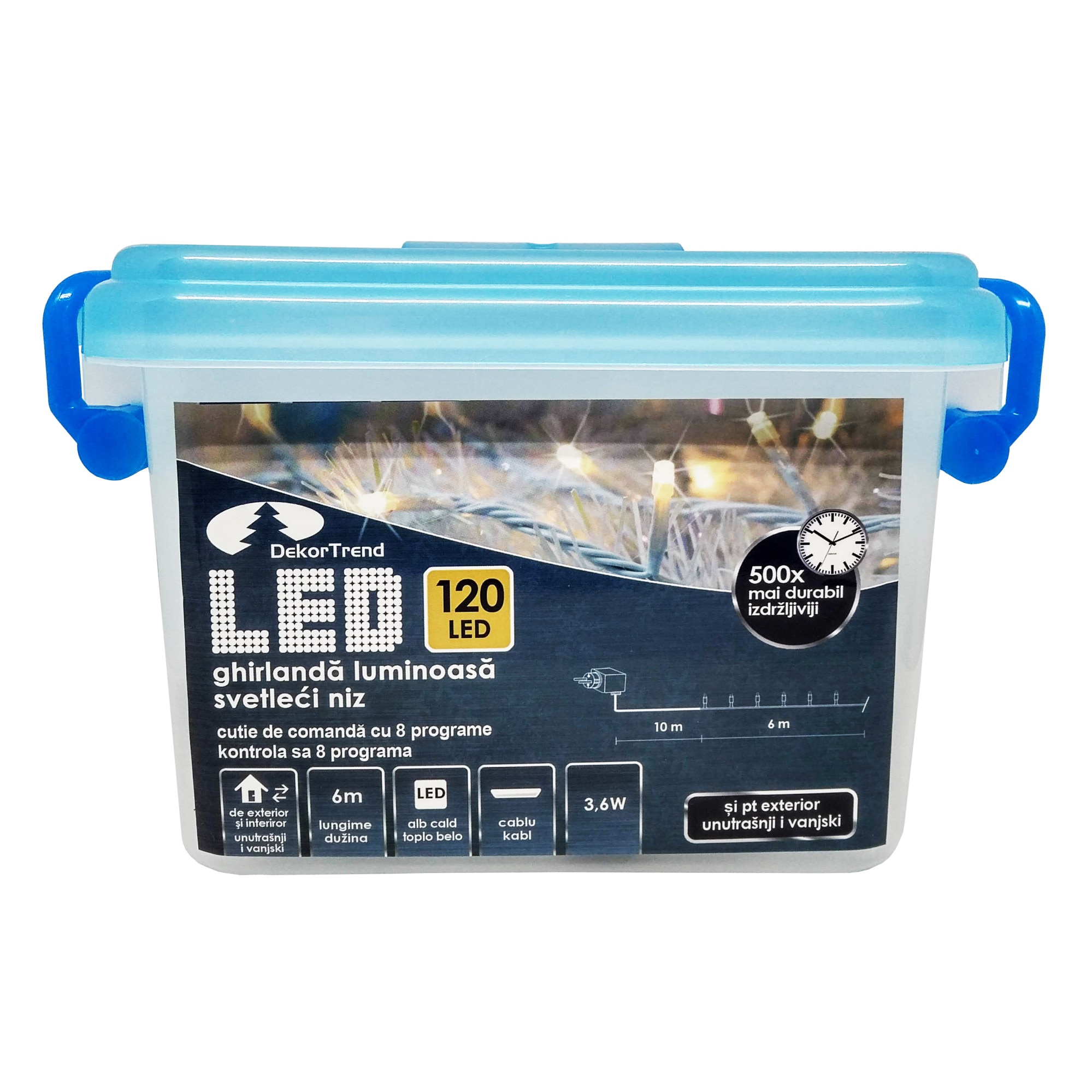 Ghirlanda luminoasa Dekortrend, KDVF 121, 120 LEDuri, lungime 6m, alb cald, cablu alb, cu cablu alimentare 10m, interior-exterior