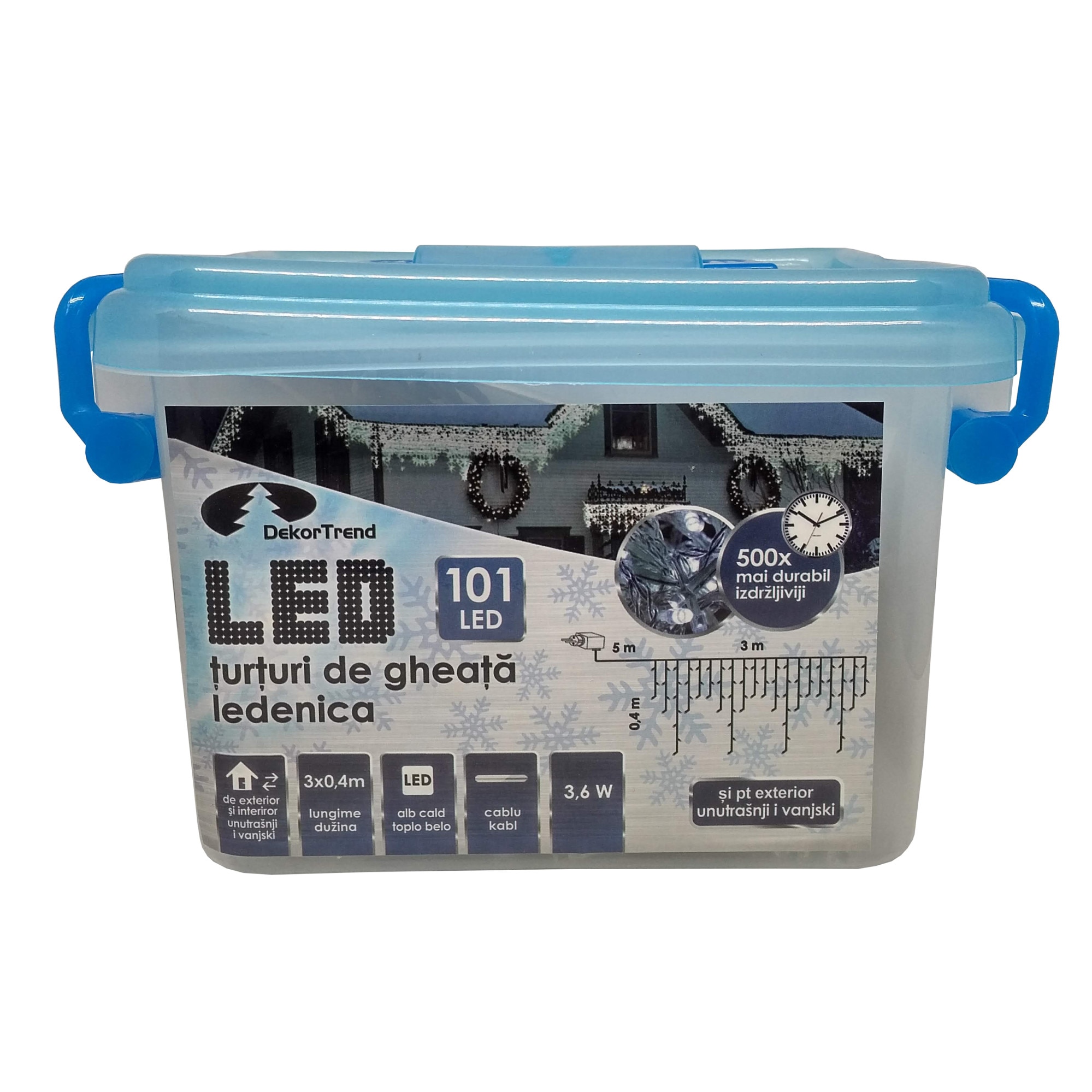 Turturi luminosi DekorTrend, KDL 139, 101 LEDuri, lungime 3 x 0,4m, alb rece, cablu transparent, cu cablu de alimentare 5m, interior-exterior