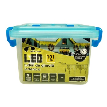 Turturi luminosi DekorTrend, KDL 126, 101 LEDuri, lungime 3 x 0,4m, alb cald, cablu negru, cu cablu de alimentare 5m, interior-exterior Turturi luminosi DekorTrend, KDL 126, 101 LEDuri, lungime 3 x 0,4m, alb cald, cablu negru, cu cablu de alimentare 5m, interior-exterior