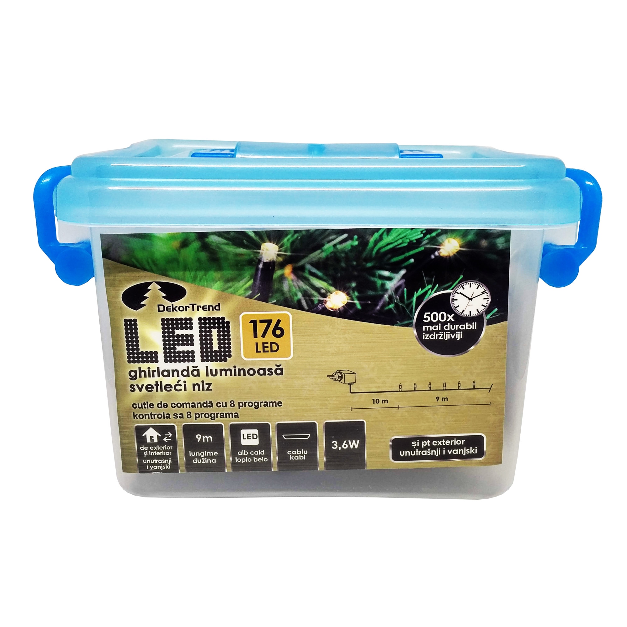 Ghirlanda luminoasa Dekortrend, KDV 171, 170 LEDuri, lungime 9m, alb cald, cablu negru, cu cablu alimentare 10m, interior-exterior