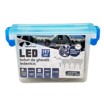 Turturi luminosi DekorTrend, KDL 141, 197 LEDuri, lungime 6 x 0,4m, alb rece, cablu transparent, cu cablu de alimentare 5m, interior-exterior Turturi luminosi DekorTrend, KDL 141, 197 LEDuri, lungime 6 x 0,4m, alb rece, cablu transparent, cu cablu de alimentare 5m, interior-exterior