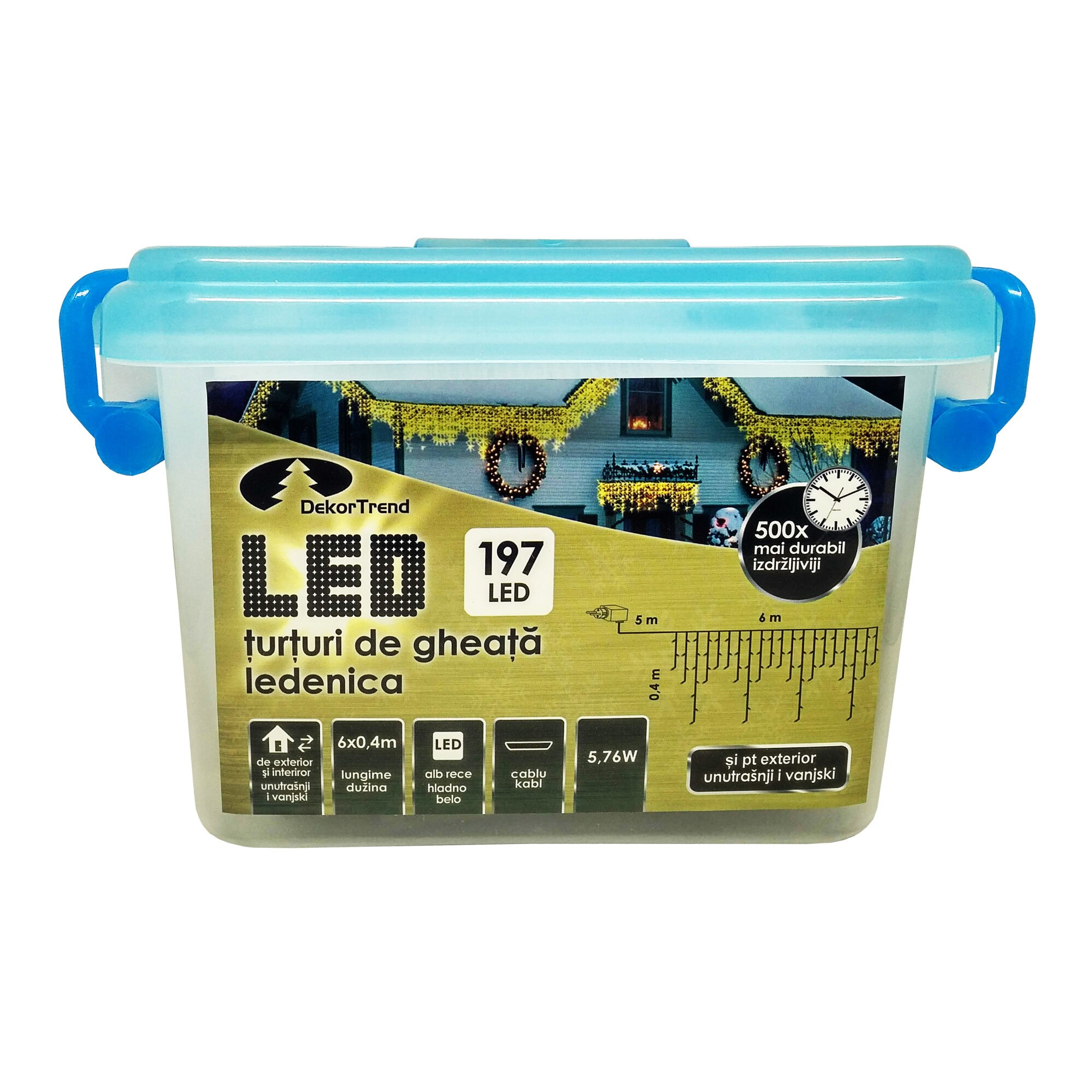 Turturi luminosi DekorTrend, KDL 129,197 LEDuri, lungime 6 x 0,4m, alb rece, cablu negru, cu cablu de alimentare 5m, interior-exterior
