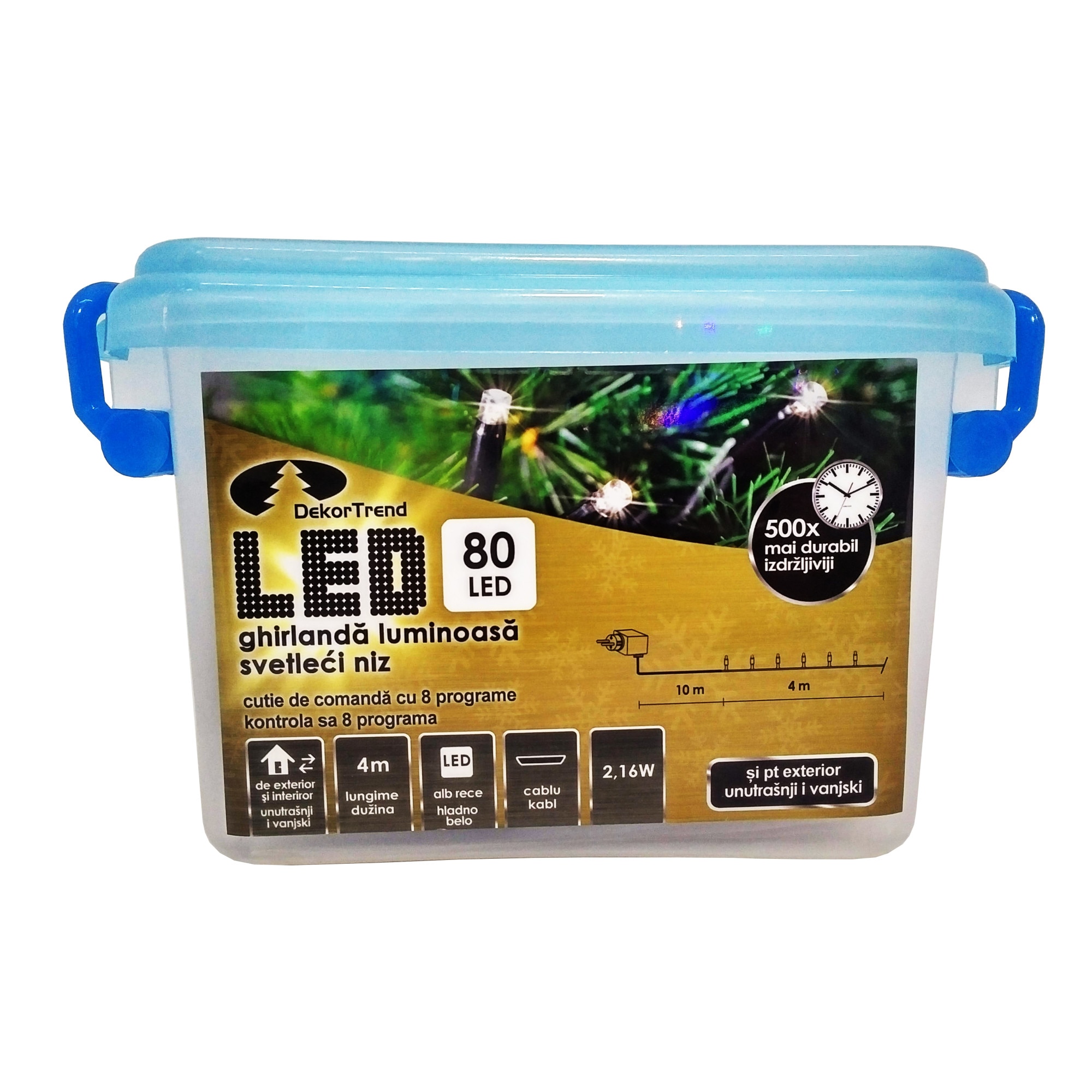 Ghirlanda luminoasa Dekortrend, KDV 082, 80 LEDuri, lungime 4m, alb rece, cablu negru, cu cablu alimentare 10m, interior-exterior