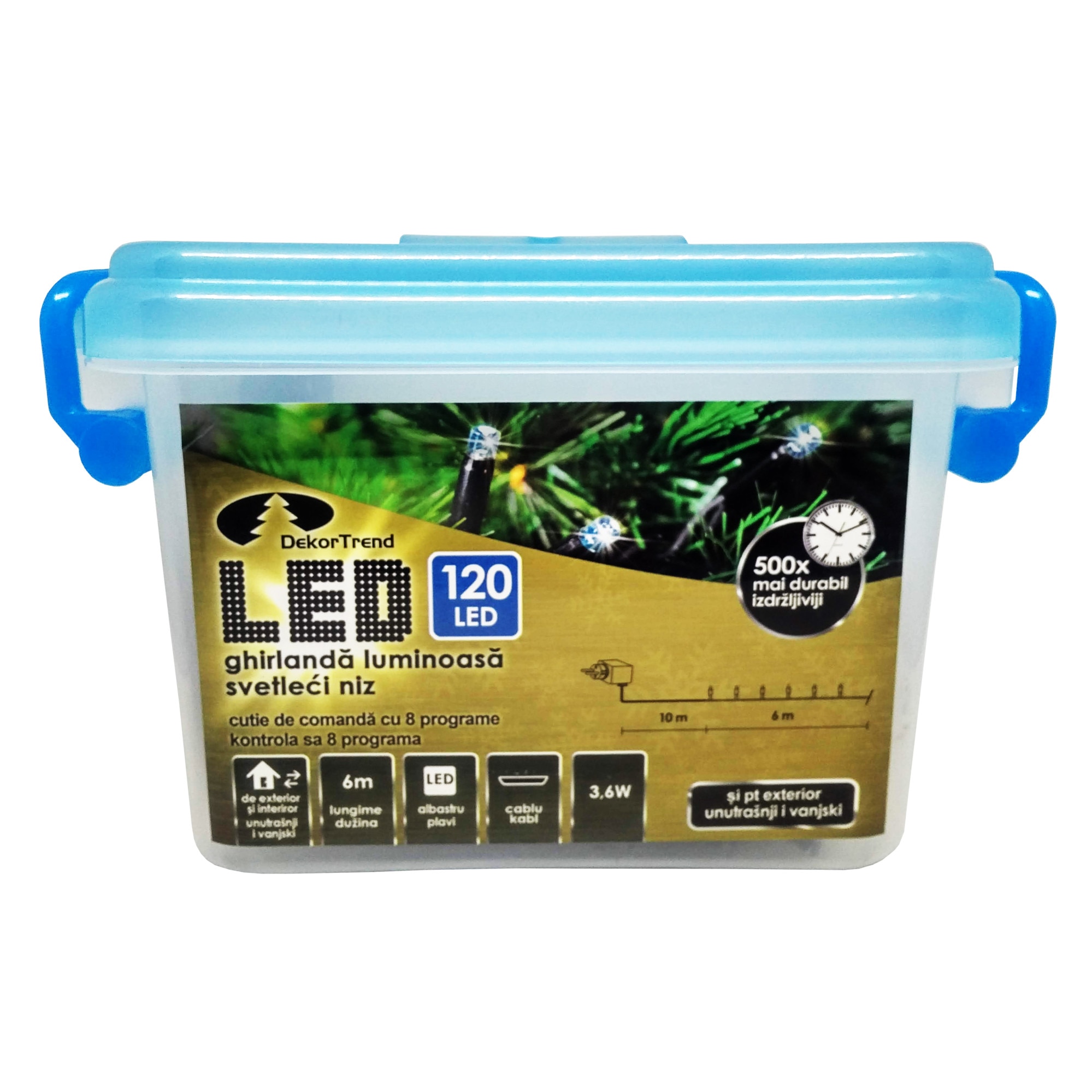 Ghirlanda luminoasa Dekortrend, KDV 123, 120 LEDuri, lungime 6m, albastru, cablu negru, cu cablu alimentare 10m, interior-exterior