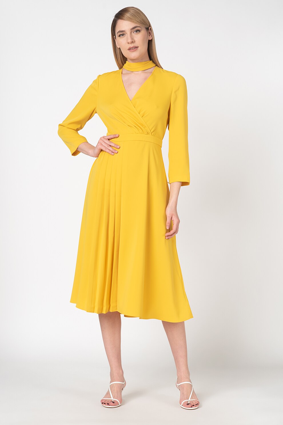Ted Baker, Rochie cu croiala in A si detalii plisate Jilliie, Galben sofran, XS