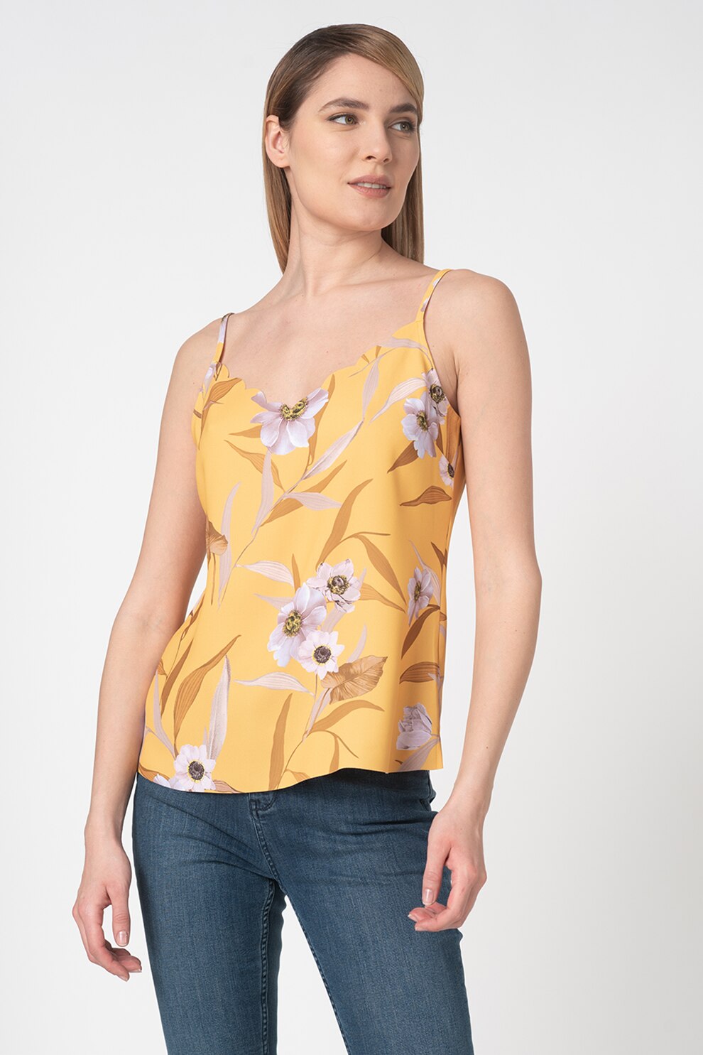Ted Baker, Top cu model floral si terminatii valurite Cydd, Galben mustar, L