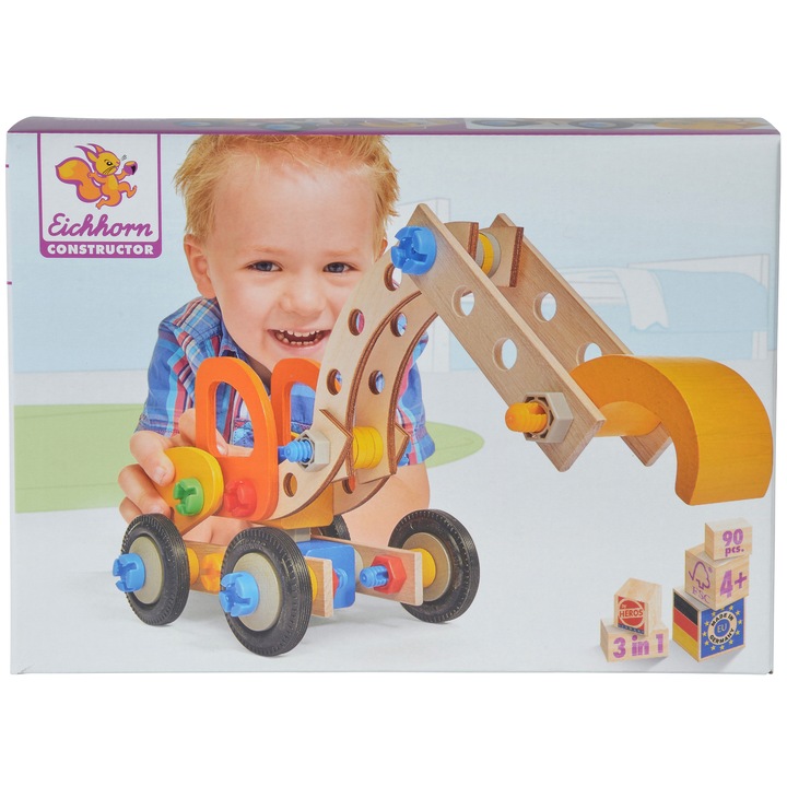 Set constructie din lemn Eichhorn Constructor - Excavator, 90 piese