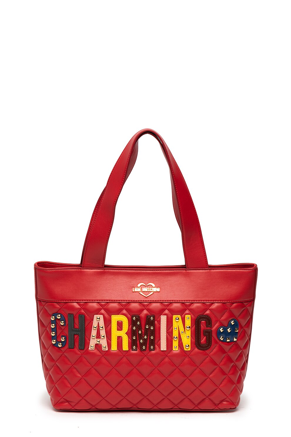 Love Moschino, Geanta de piele ecologica, cu bareta de umar si aspect matlasat, Rosu/Auriu