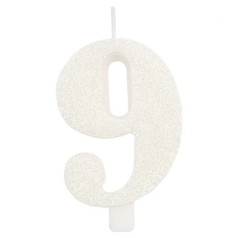 Lumanare aniversara cifra 9 cu sclipici - 9.5 cm, Alb, Radar 50809