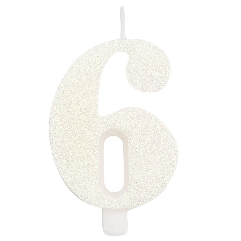 Lumanare aniversara cifra 6 cu sclipici - 9.5 cm, Alb, Radar 50806