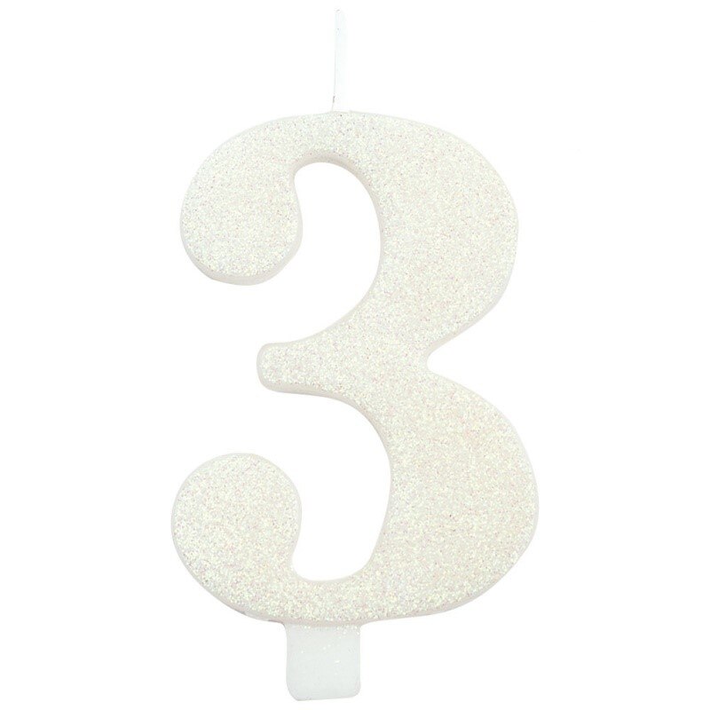 Lumanare aniversara cifra 3 cu sclipici - 9.5 cm, Alb, Radar 50803