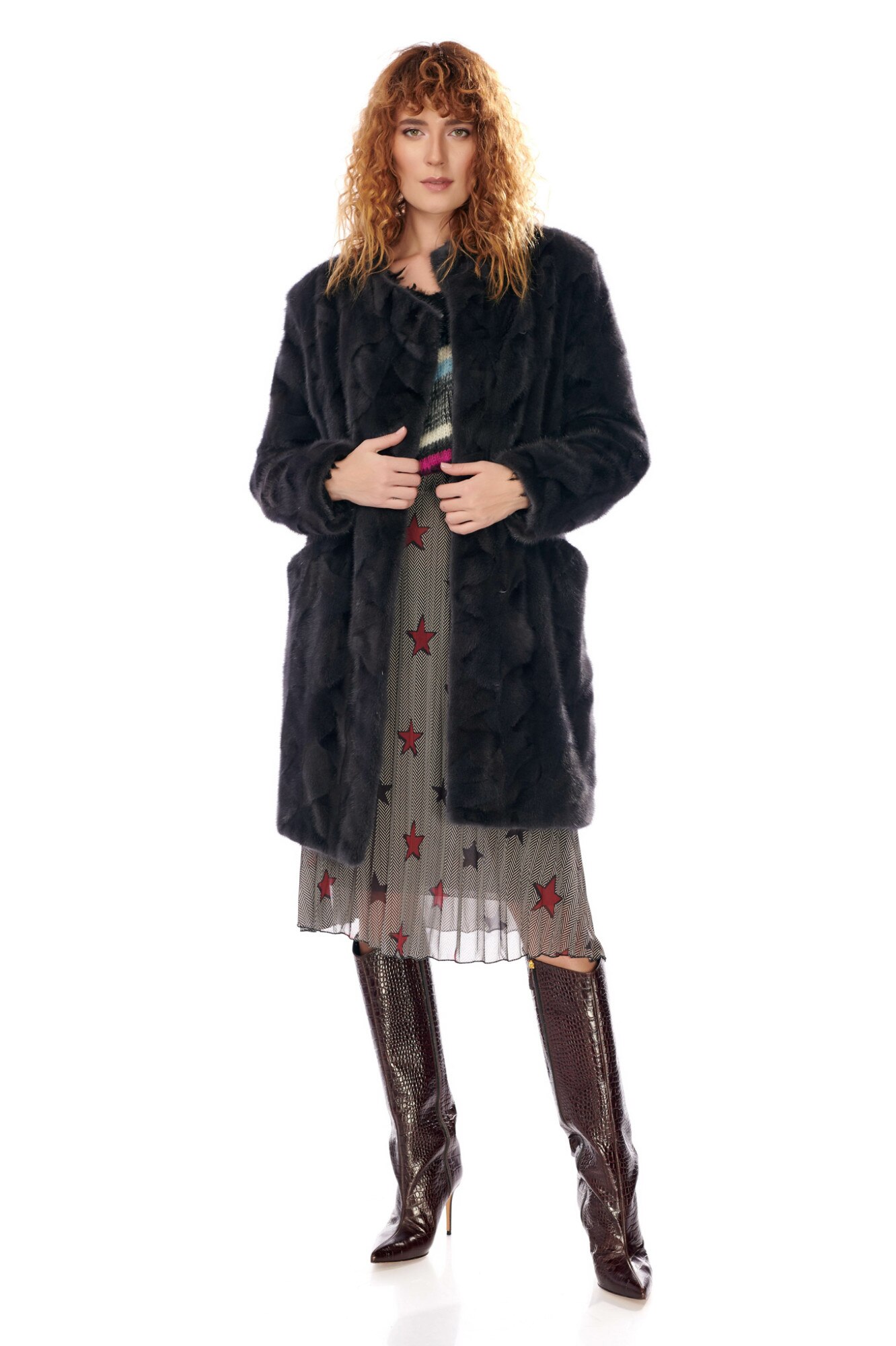 Haina lunga din blana naturala de nurca, CuAnna, gri inchis, S-M