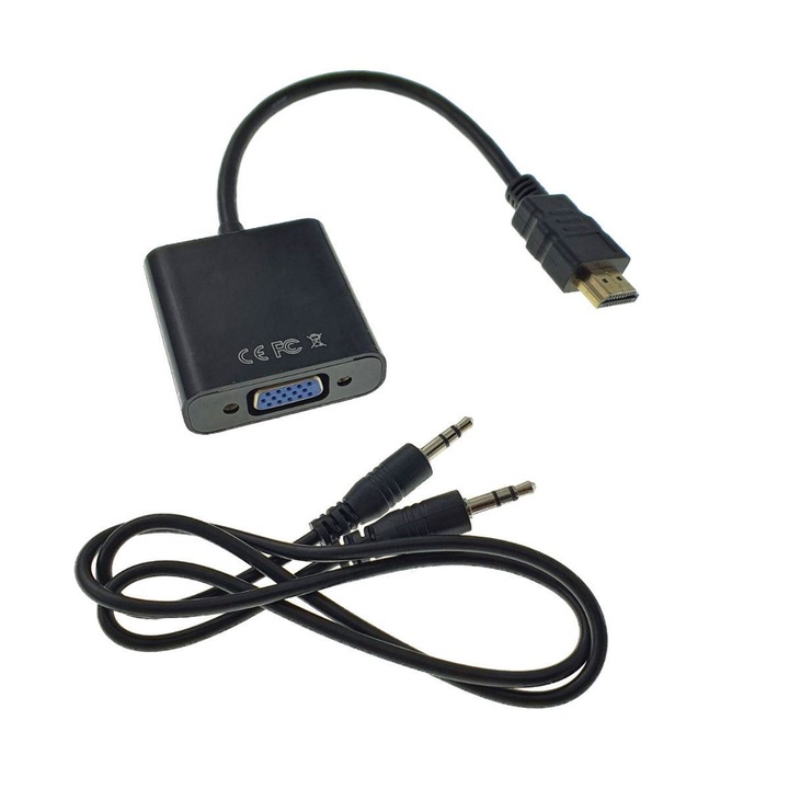 Convertor adaptor HDMI tata la VGA mama, cu cablu 15cm si cablu audio jack 3.5mm tata-tata 15 cm