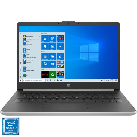 Laptop ultraportabil HP 14s-dq0001nq cu procesor Intel® Celeron™ N4000 pana la 2.60 GHz Gemini Lake, 14", HD, 4GB, 128GB SSD, Intel® UHD Graphics 600, Windows 10 Home S, Natural silver