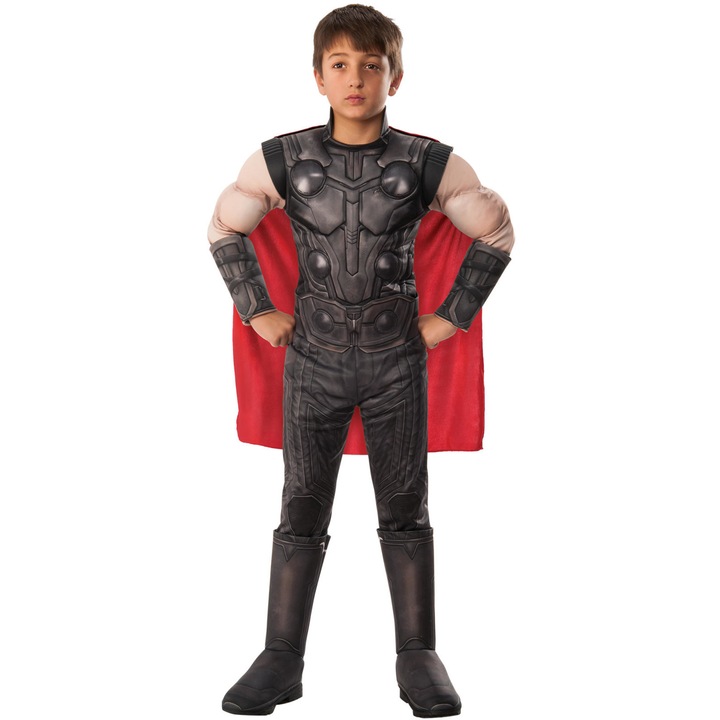 Costum carnaval baieti Thor Avengers cu pelerina rosie, cu muschi,6-8ani, Funny Party Shop