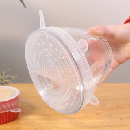 Set 6 Capace transparente si flexibile din silicon pentru vase/recipiente, castron, bol, pahar, borcan, inlocuitor de folie strech alimentara