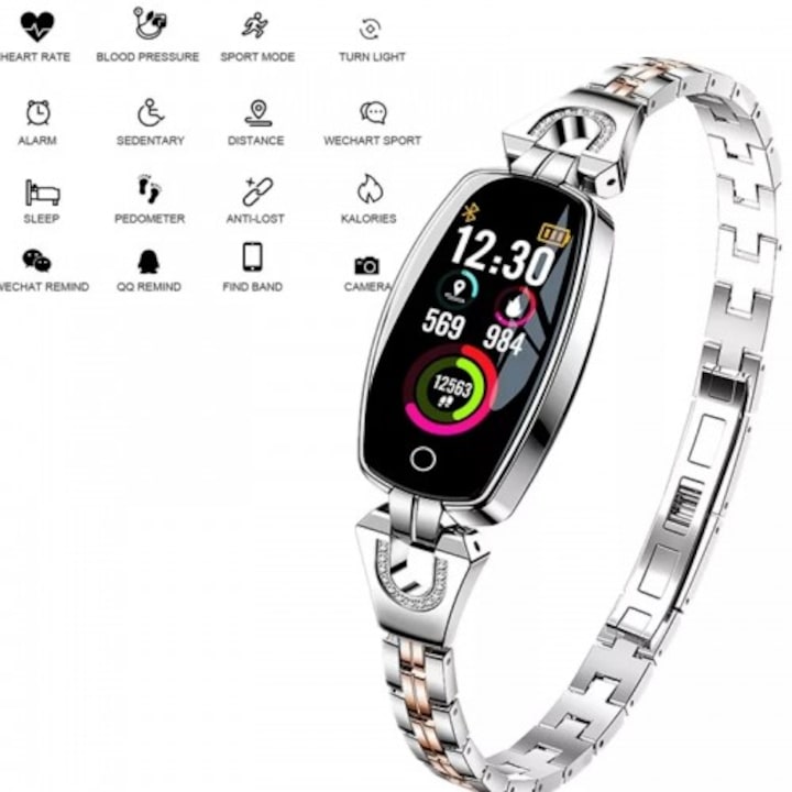 Смарт часовник idealSTORE Lady SWEET COLLECTION 2019, Допълнен с метална гривна с елегантни вложки със скъпоценни камъни, Мониторинг на пулса, Заседнал режим, Фитнес тракер, IP67 Водоустойчивост, Сребрист цвят