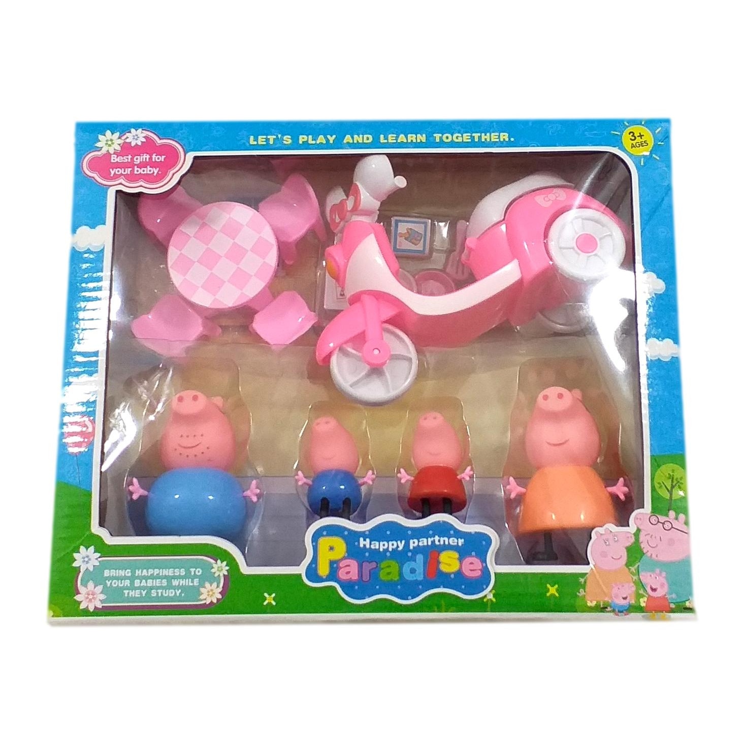 Set 4 figurine,Peppa Pig, cu masuta, scaunele, accesorii bucatarie, scooter