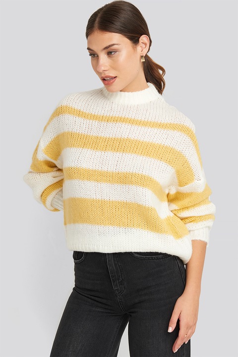 NA-KD, Раиран пуловер с паднали ръкави, Жълта/Бяла, L