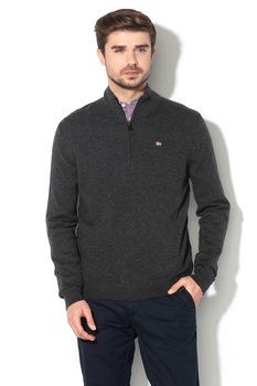 Napapijri, Pulover din lana Merinos cu fermoar scurt Damavand, Gri inchis Napapijri, Pulover din lana Merinos cu fermoar scurt Damavand, Gri inchis