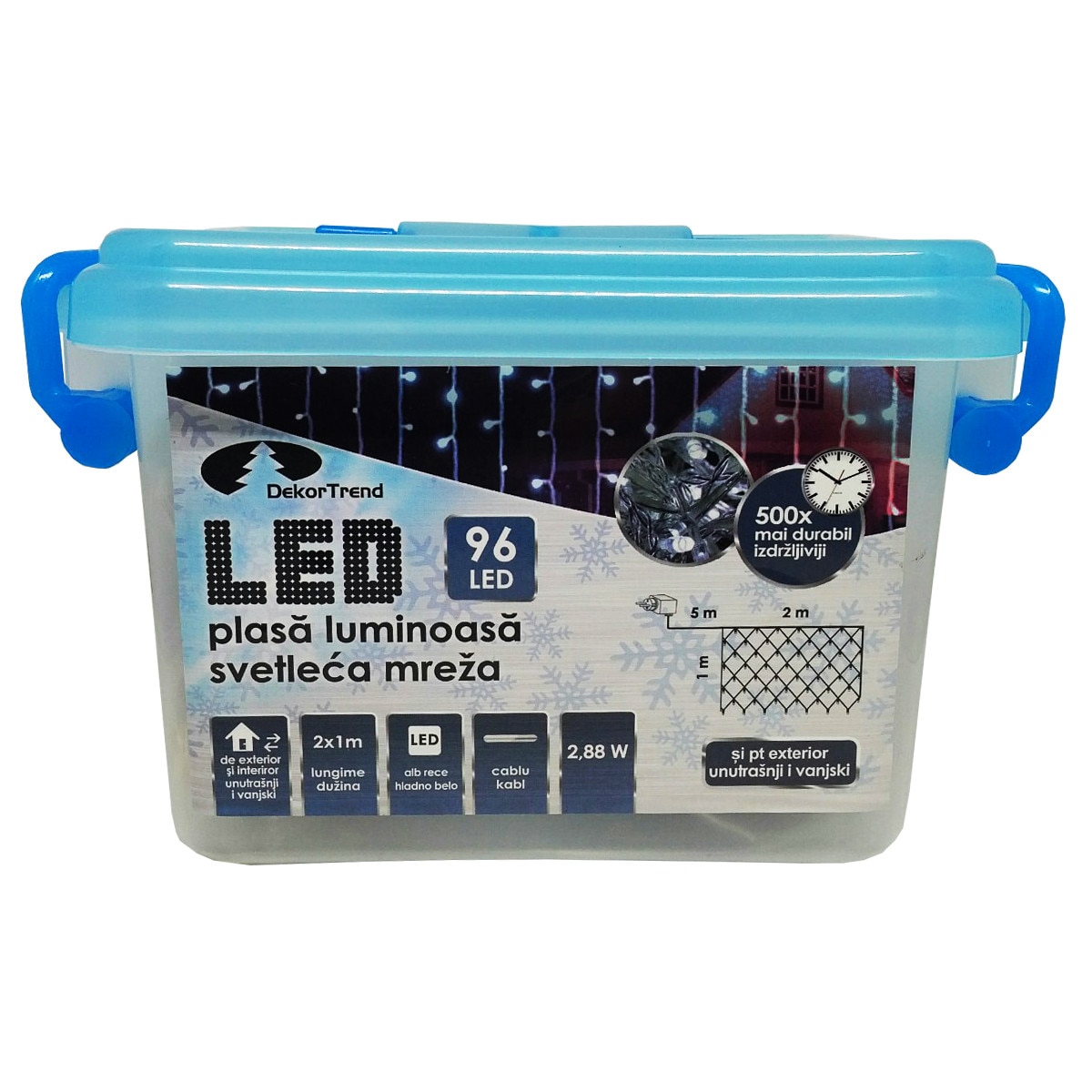 Plasa luminoasa DekorTrend, KDL 147, 96 LEDuri, lungime 2 x 1m, alb rece, cablu transparent, cu cablu de alimentare 5m, interior-exterior