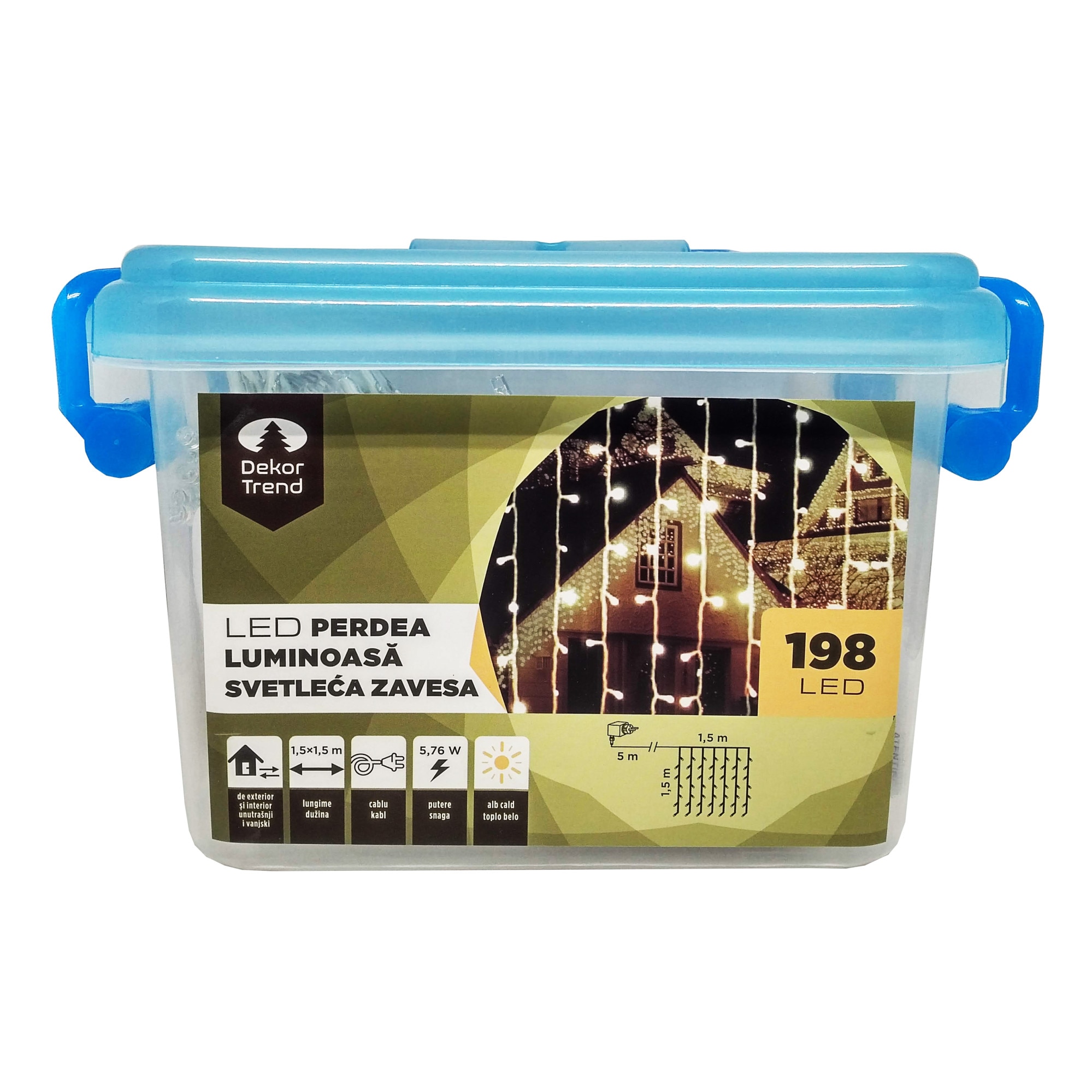 Perdea luminoasa DekorTrend, KDL 142, 198 LEDuri, lungime 1,5 x 1,5m, alb cald, cablu transparent, cu cablu de alimentare 5m, interior-exterior