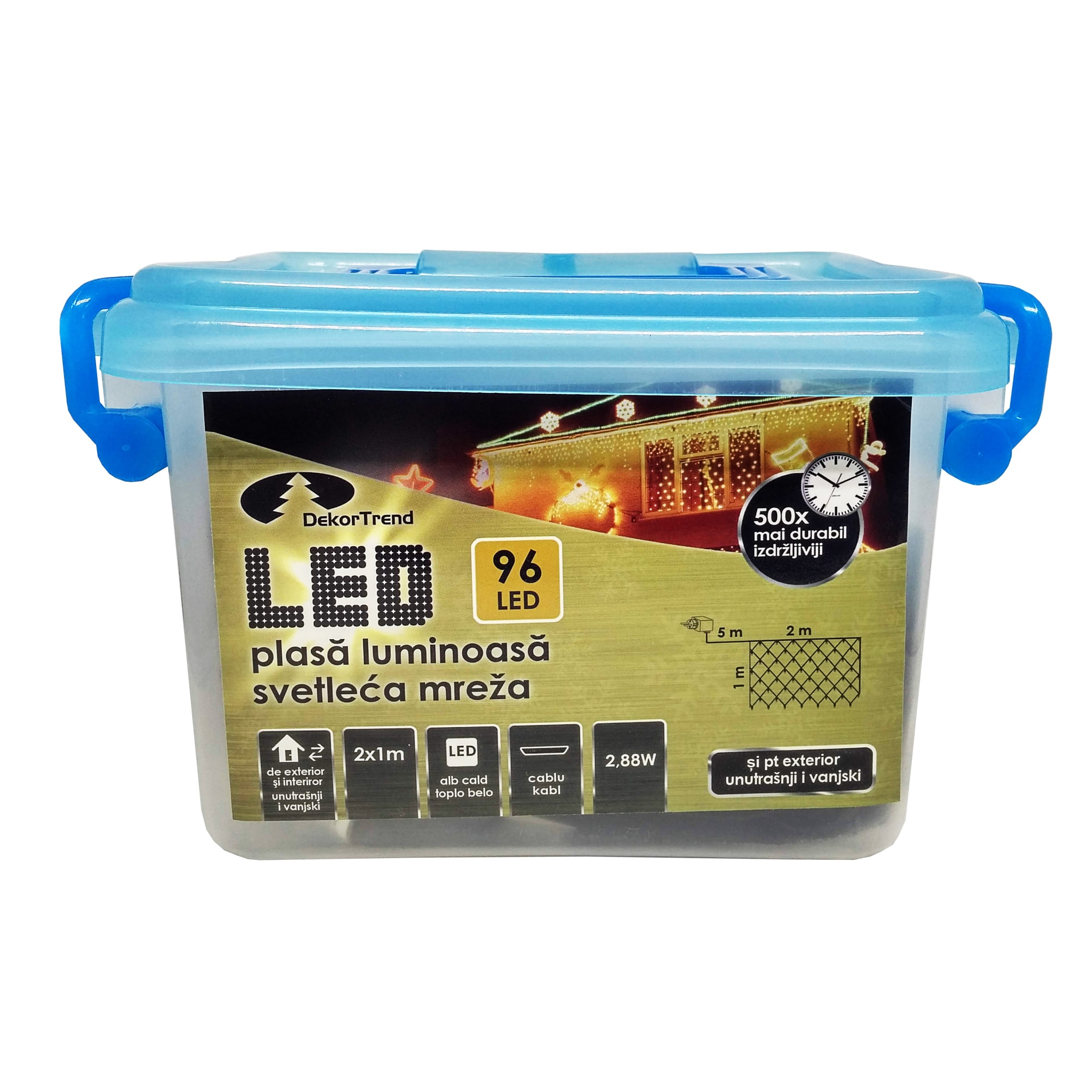 Plasa luminoasa DekorTrend, KDL 134, 96 LEDuri, lungime 2 x 1m, alb cald, cablu negru, cu cablu de alimentare 5m, interior-exterior