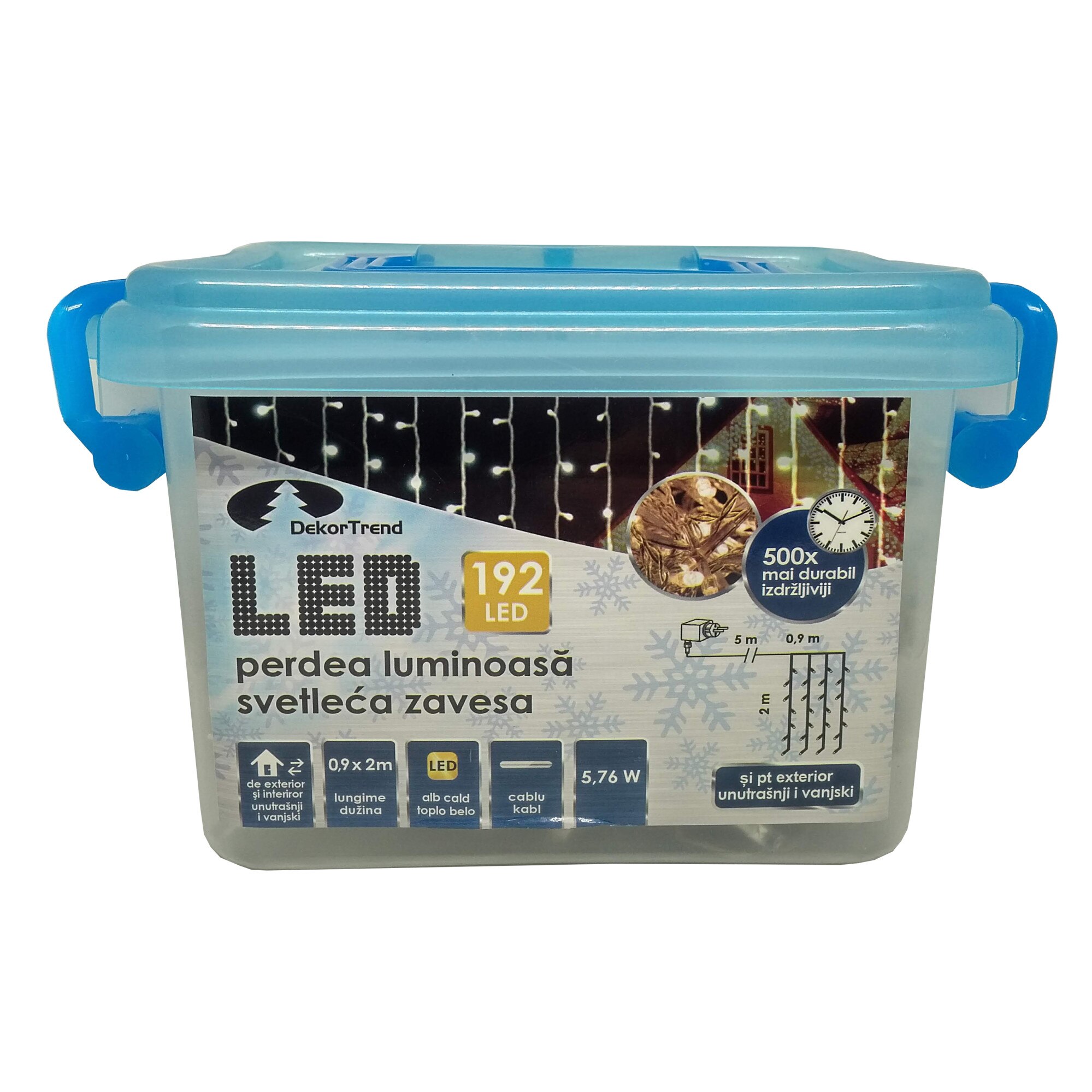 Perdea luminoasa DekorTrend, KDL 144, 192 LEDuri, lungime 0,9 x 2m, alb cald, cablu transparent, cu cablu de alimentare 5m, interior-exterior