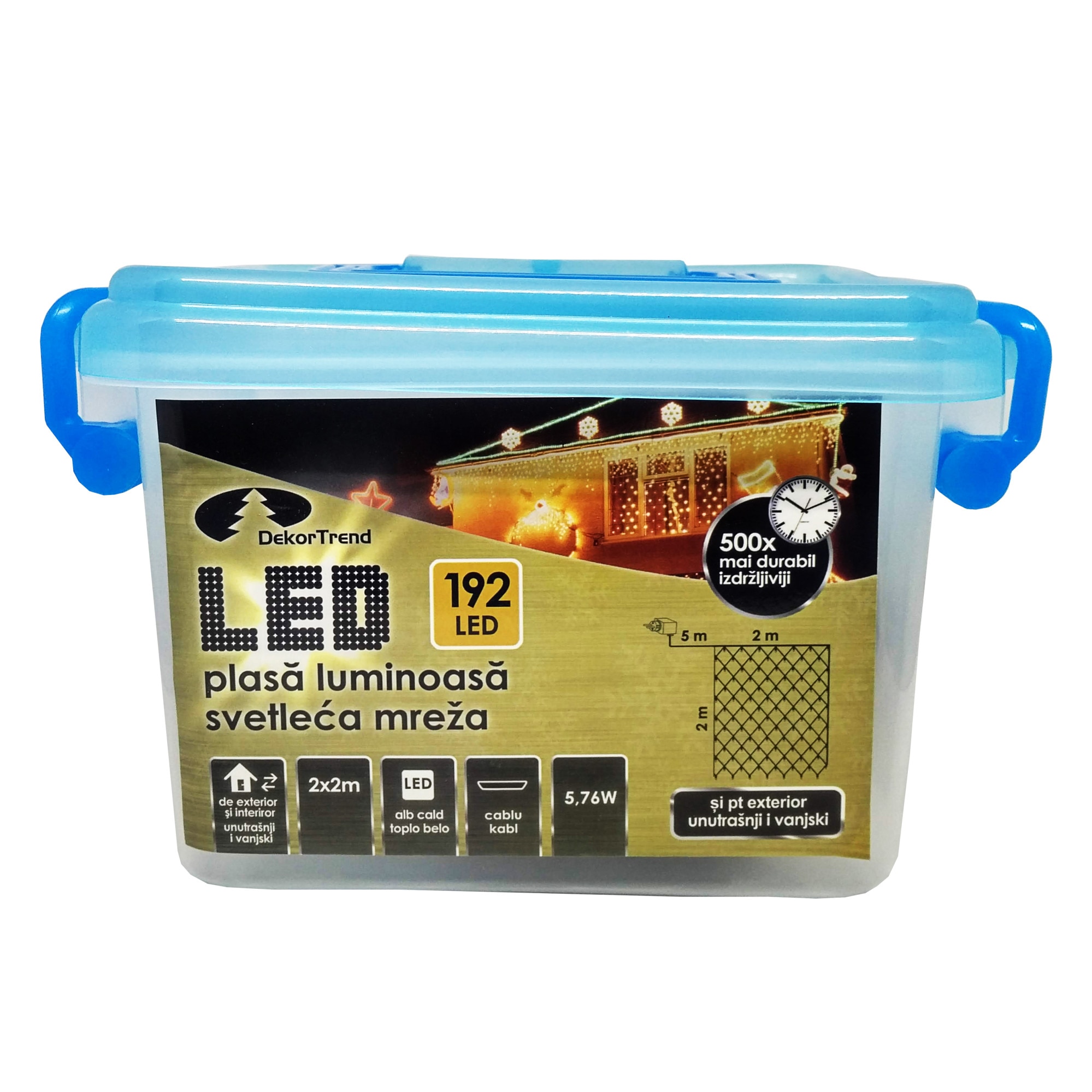 Plasa luminoasa DekorTrend, KDL 136, 192 LEDuri, lungime 2 x 2m, alb cald, cablu negru, cu cablu de alimentare 5m, interior-exterior