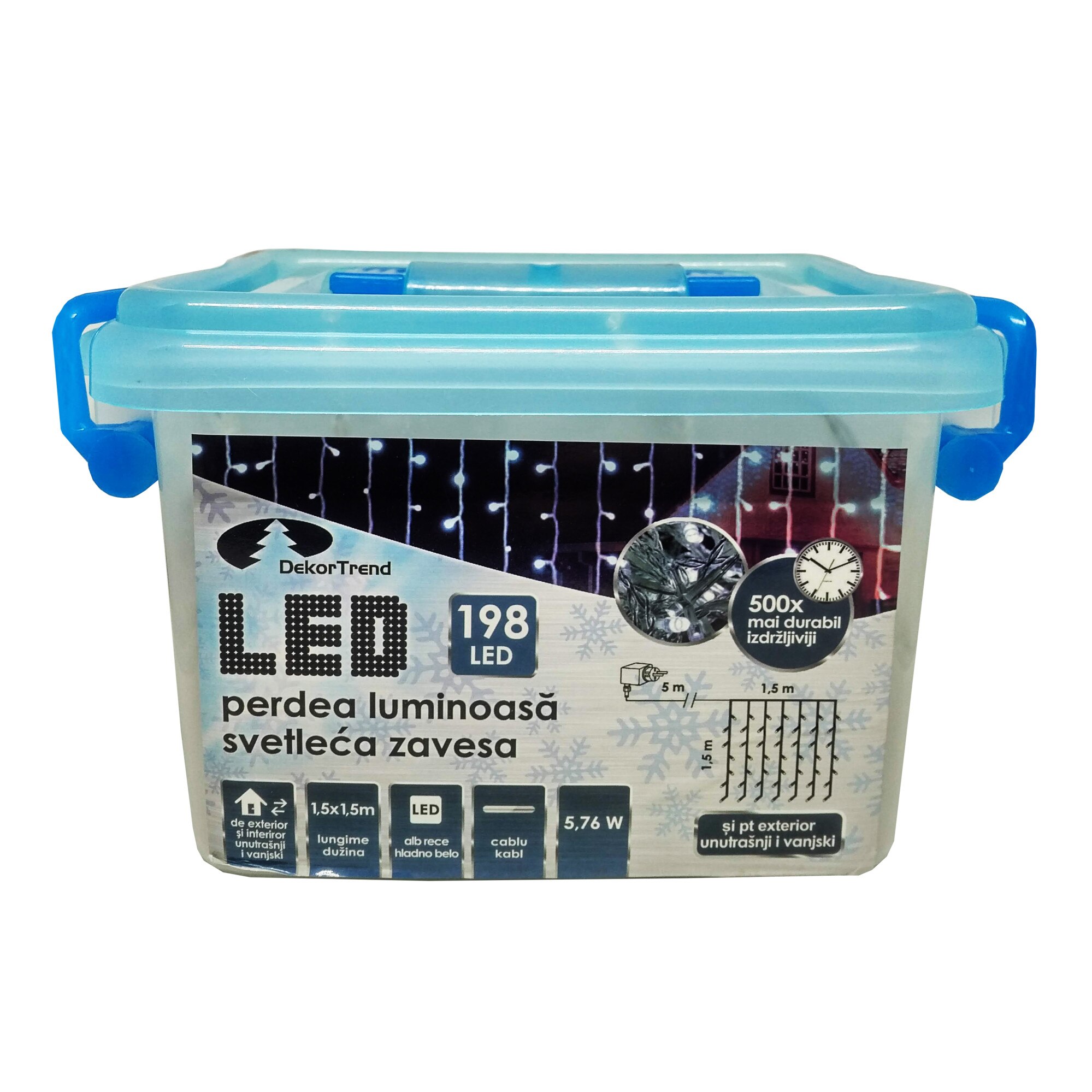 Perdea luminoasa DekorTrend, KDL 143, 198 LEDuri, lungime 1,5 x 1,5m, alb rece, cablu transparent, cu cablu de alimentare 5m, interior-exterior