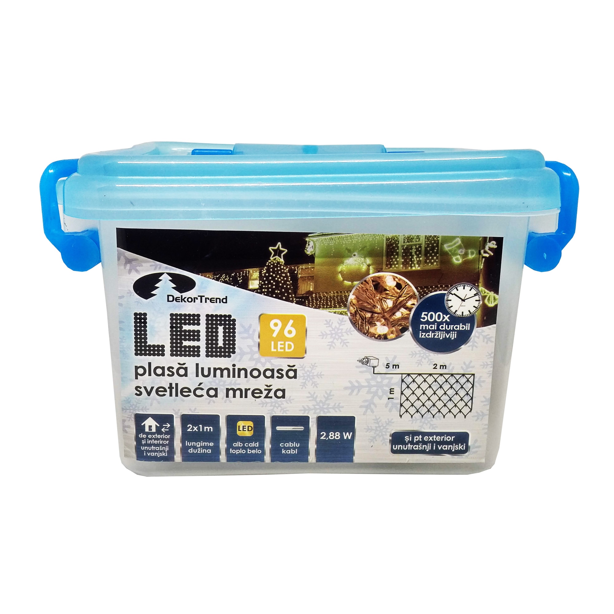 Plasa luminoasa DekorTrend, KDL 146, 96 LEDuri, lungime 2 x 1m, alb cald, cablu transparent, cu cablu de alimentare 5m, interior-exterior