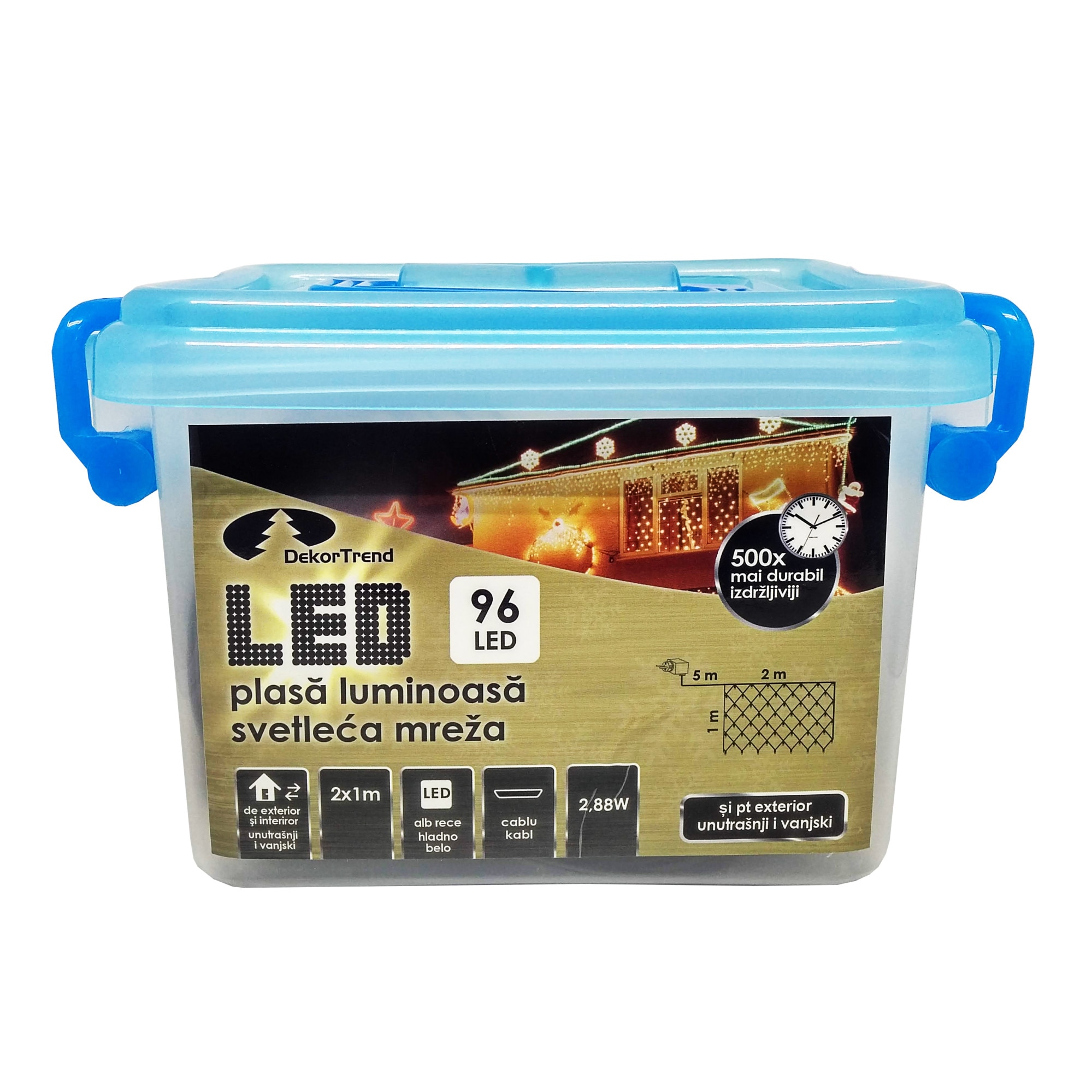 Plasa luminoasa DekorTrend, KDL 135, 96 LEDuri, lungime 2 x 1m, alb rece, cablu negru, cu cablu de alimentare 5m, interior-exterior