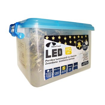 Perdea luminoasa cu stele, DekorTrend, KDS 144, 192 LEDuri, lungime 0,9 x 2m, alb cald, cablu transparent, cablu de alimentare 5m, interior-exterior Perdea luminoasa cu stele, DekorTrend, KDS 144, 192 LEDuri, lungime 0,9 x 2m, alb cald, cablu transparent, cablu de alimentare 5m, interior-exterior