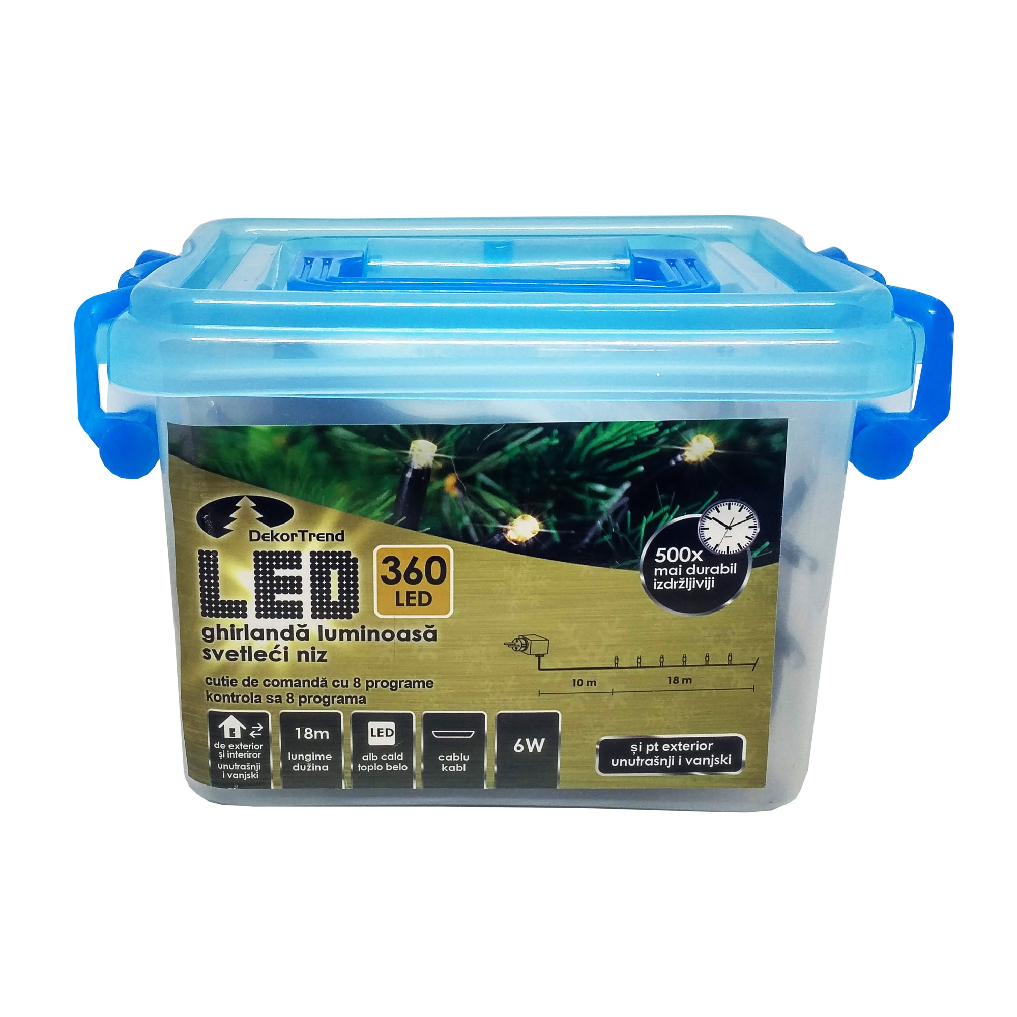 Ghirlanda luminoasa Dekortrend, KDV 361 360 LEDuri, lungime 18m, alb cald, cablu negru, cu cablu alimentare 10m, interior-exterior