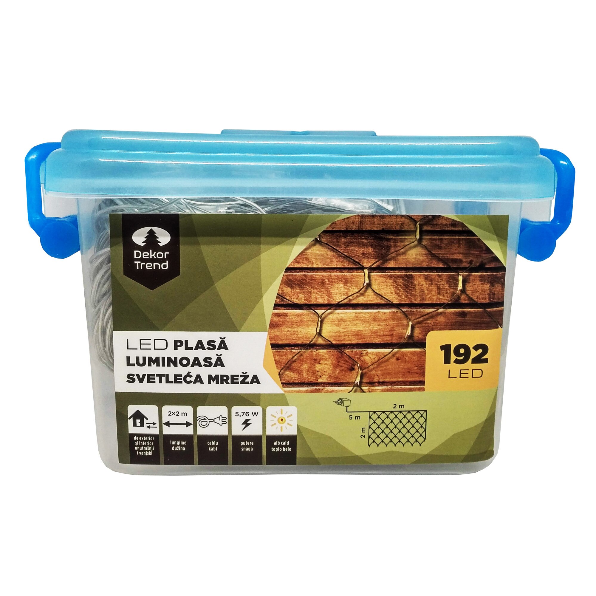 Plasa luminoasa DekorTrend, KDL 148, 192 LEDuri, lungime 2 x 2m, alb cald, cablu transparent, cu cablu de alimentare 5m, interior-exterior
