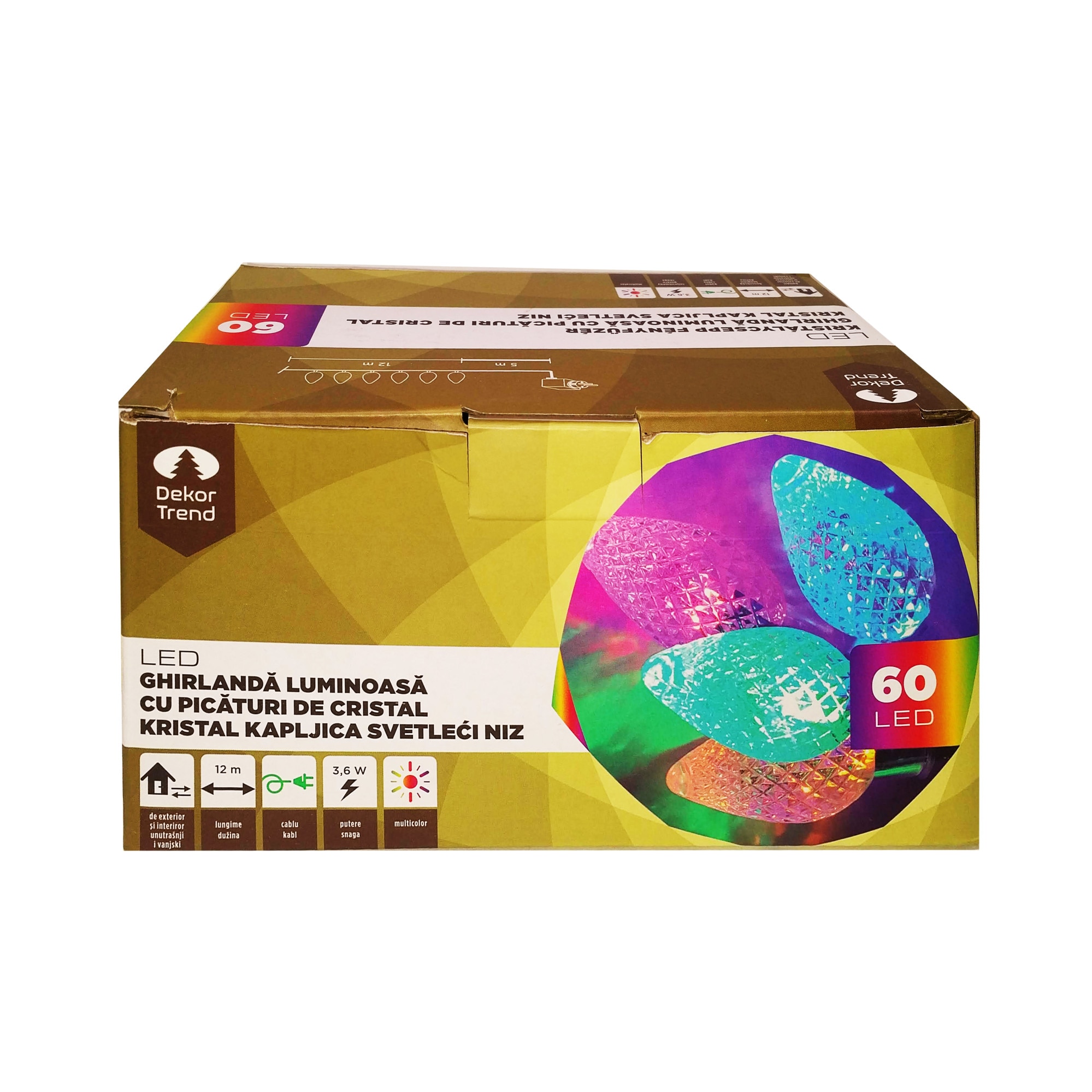 Ghirlanda luminoasa cu Cristale, DekorTrend, KDE 065, 60 LEDuri, lungime 12m, multicolor, cablu verde, cu cablu de alimentare 5m, interior-exterior