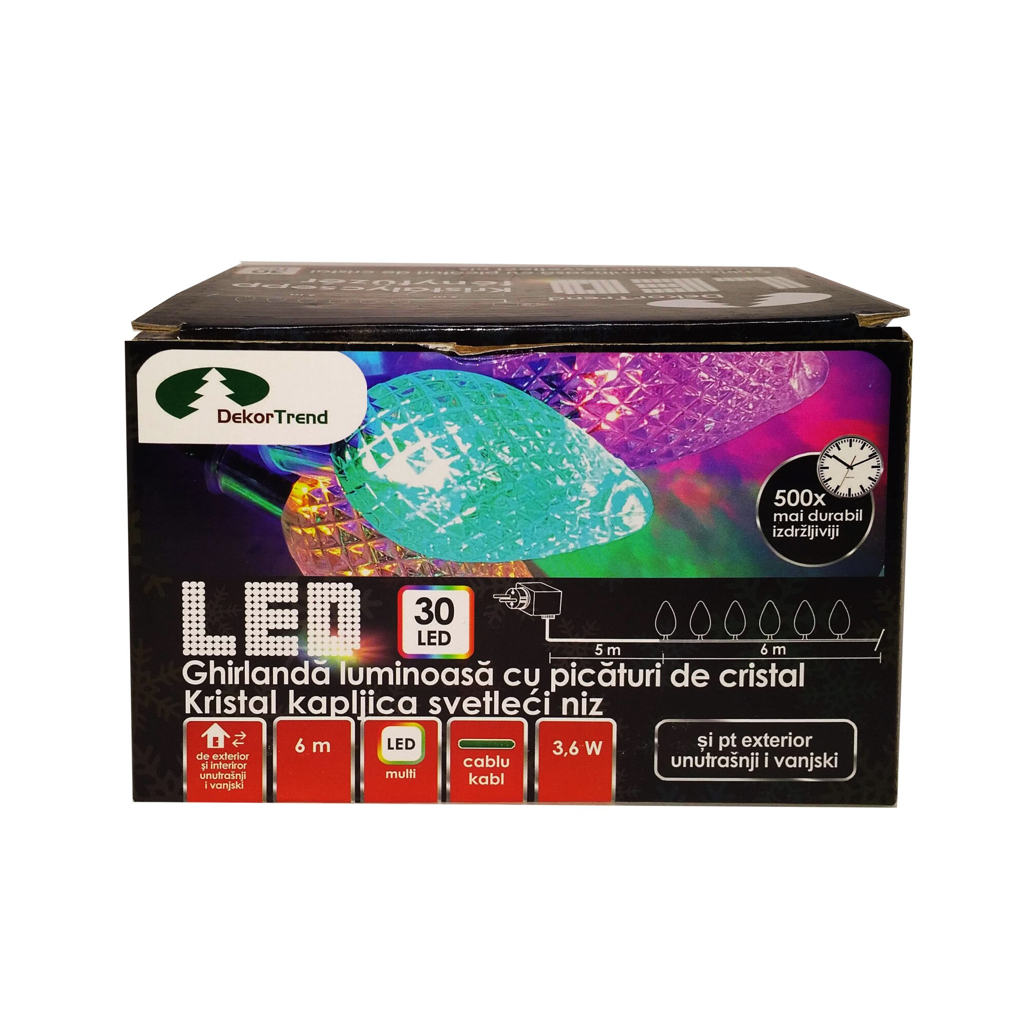 Ghirlanda luminoasa cu Cristale, DekorTrend, KDE 035, 30 LEDuri, lungime 6m, multicolor, cablu verde, cu cablu de alimentare 5m, interior-exterior