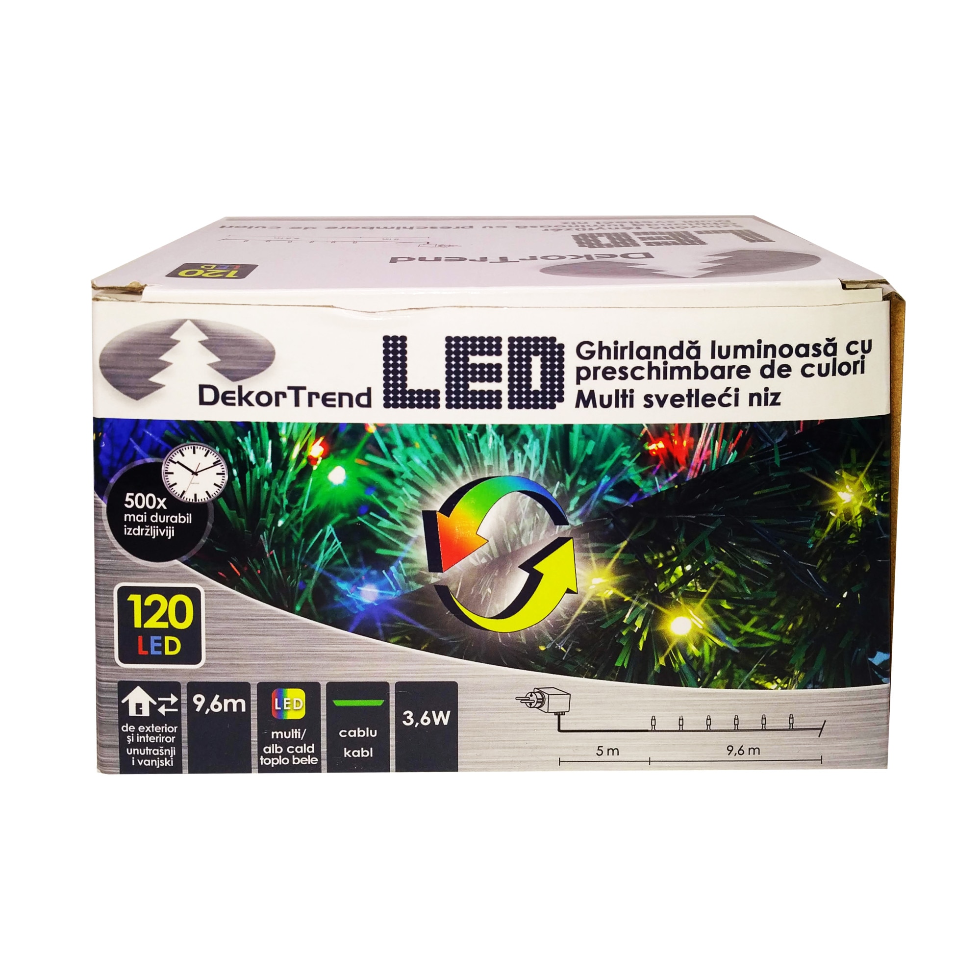 Ghirlanda luminoasa RGB cu preschimbare de culori, DekorTrend, KDM 122, 120 LEDuri, lungime 9,6m, alb cald + multicolor, cablu verde, cu cablu de alimentare 5m, interior-exterior