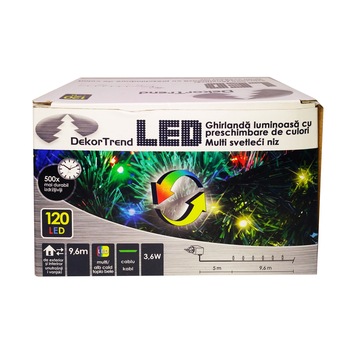 Ghirlanda luminoasa RGB cu preschimbare de culori, DekorTrend, KDM 122, 120 LEDuri, lungime 9,6m, alb cald + multicolor, cablu verde, cu cablu de alimentare 5m, interior-exterior Ghirlanda luminoasa RGB cu preschimbare de culori, DekorTrend, KDM 122, 120 LEDuri, lungime 9,6m, alb cald + multicolor, cablu verde, cu cablu de alimentare 5m, interior-exterior
